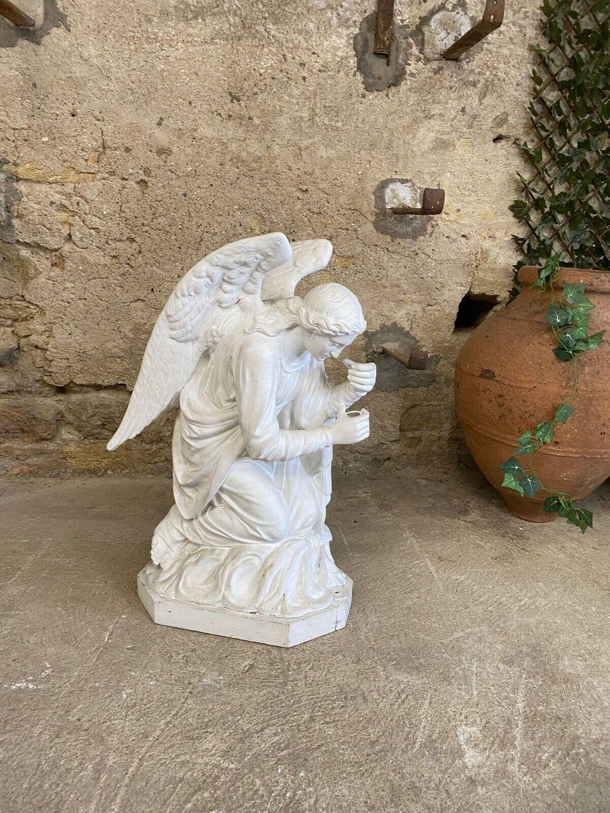 Hand-Carved Antique Large Kneeling Angel Sculpture from a Parisian Church