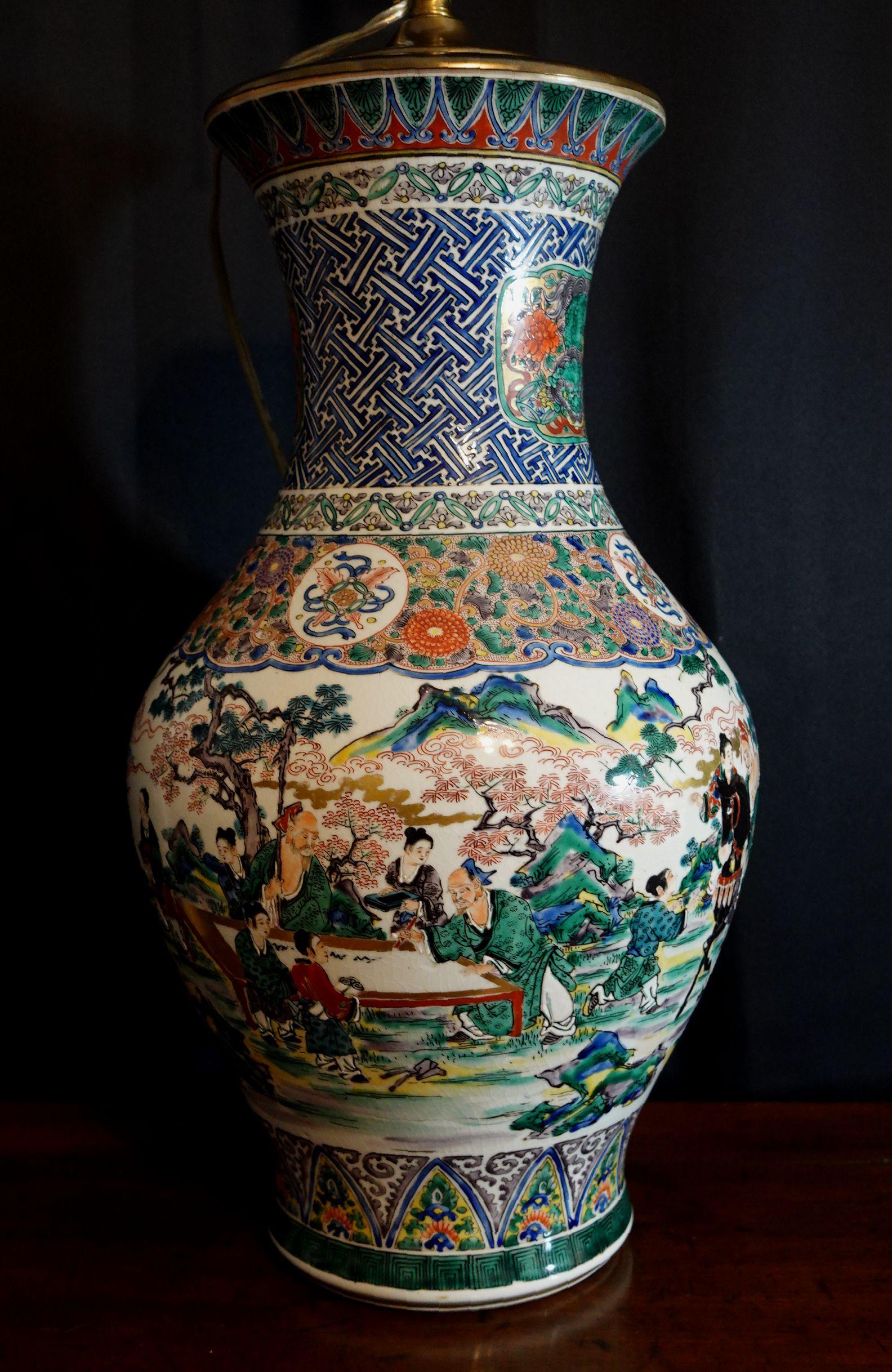 Antique Large Kutani Porcelain Vase Table Lamp, 19th Century, Signed For Sale 4