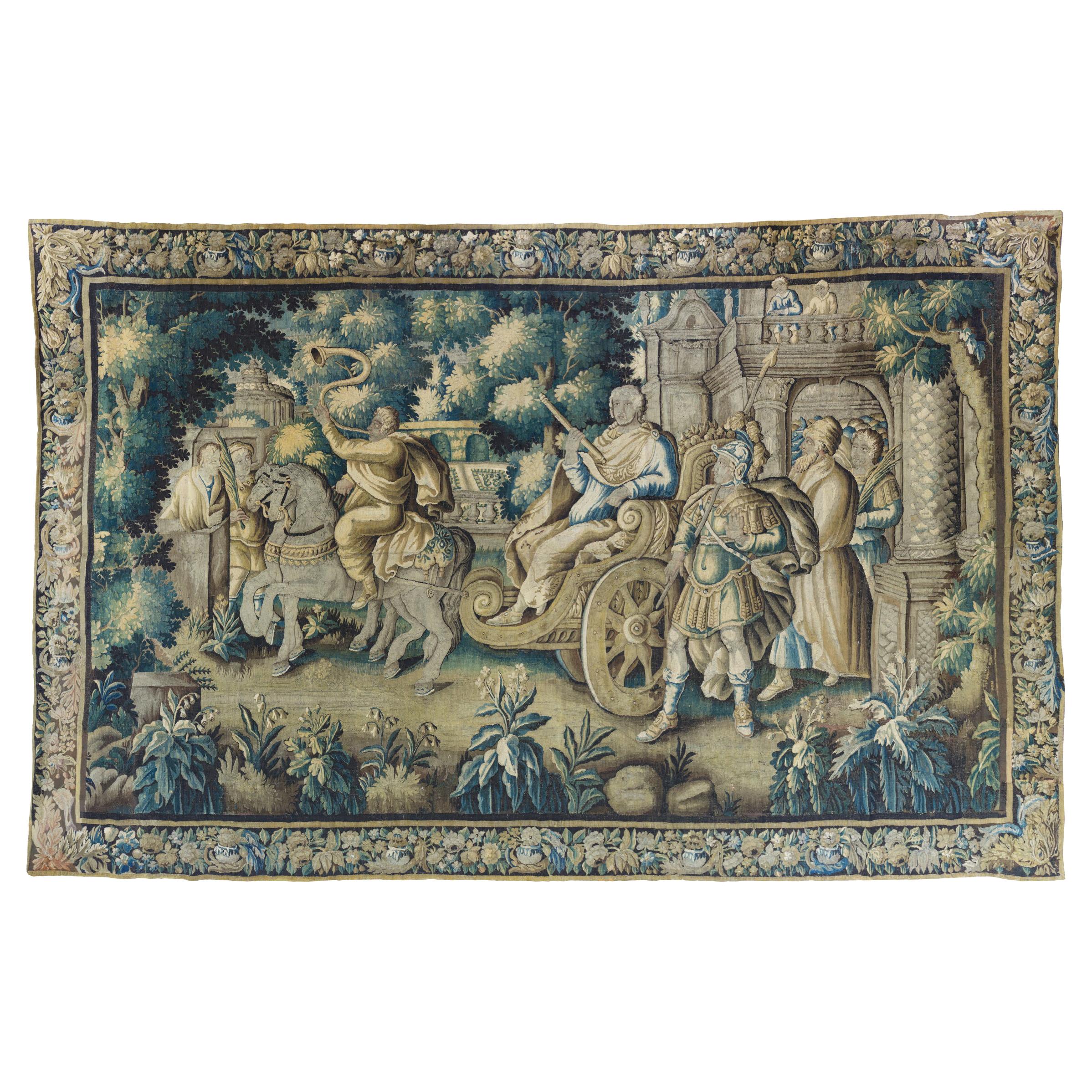 Grande tapisserie historique française ancienne d'Aubusson du milieu du 17e siècle