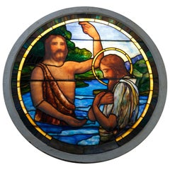 Antique Large Leaded Stained & Painted Glass Window ofChrist’s Baptism, c1890