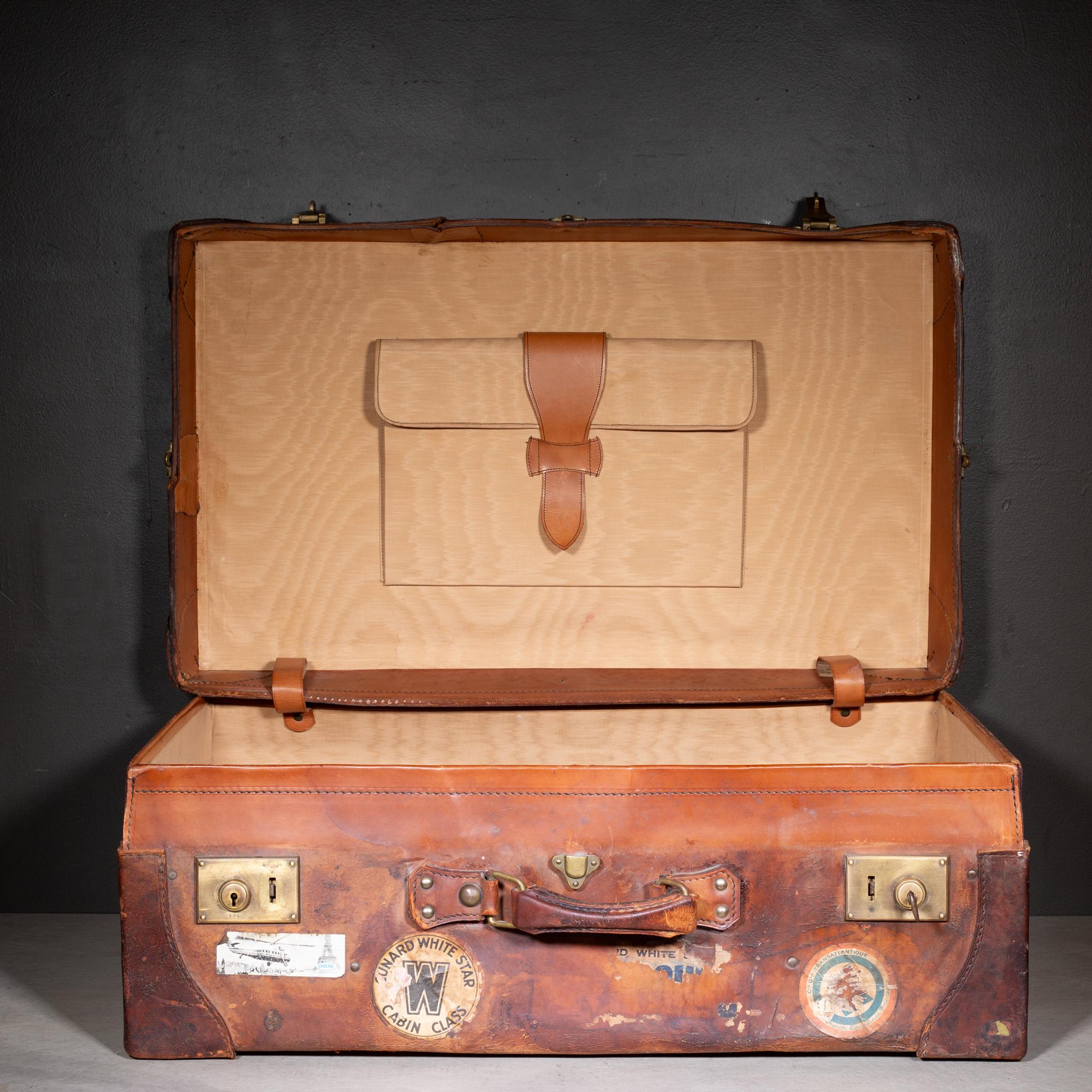 Industrial Antique Large Leather Suitcase with Original Travel Stickers c.1920 For Sale