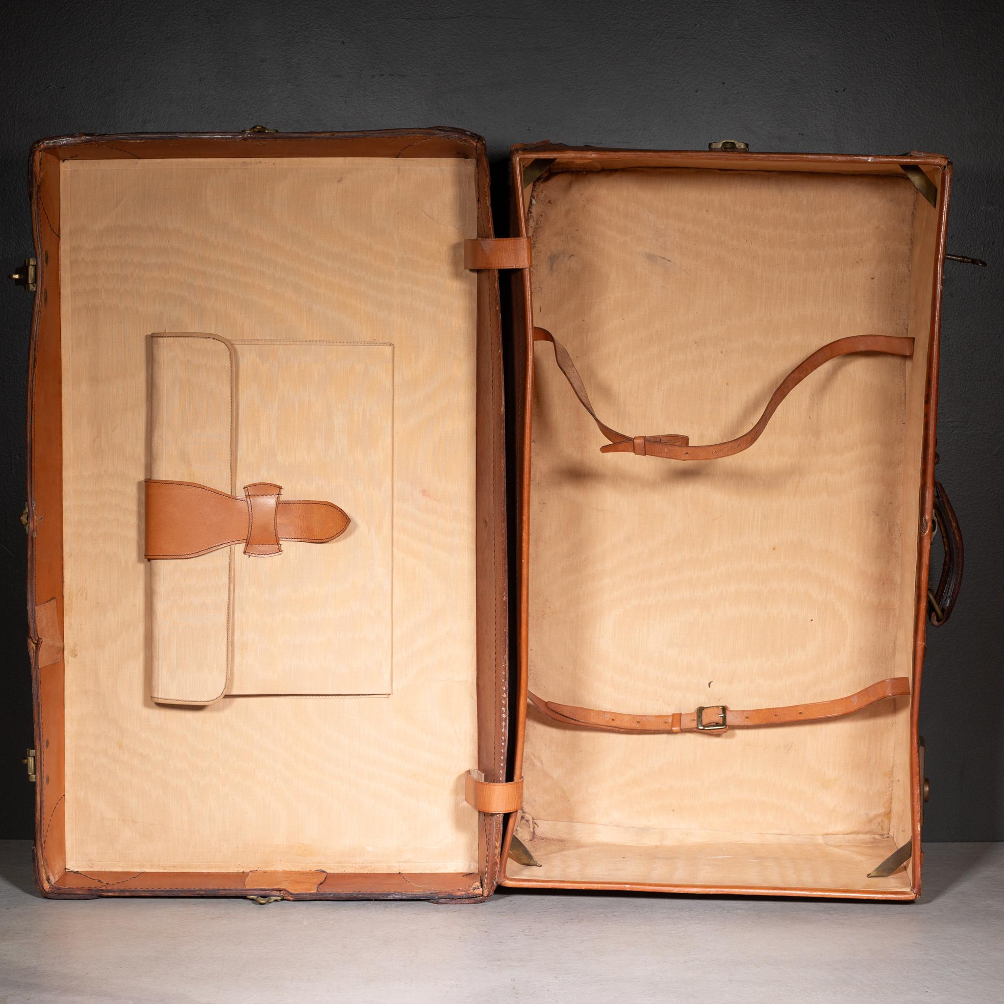 Antique Large Leather Suitcase with Original Travel Stickers c.1920 In Good Condition For Sale In San Francisco, CA
