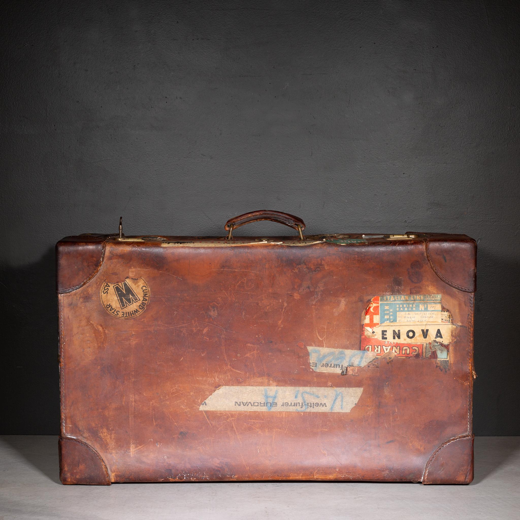 20th Century Antique Large Leather Suitcase with Original Travel Stickers c.1920 For Sale