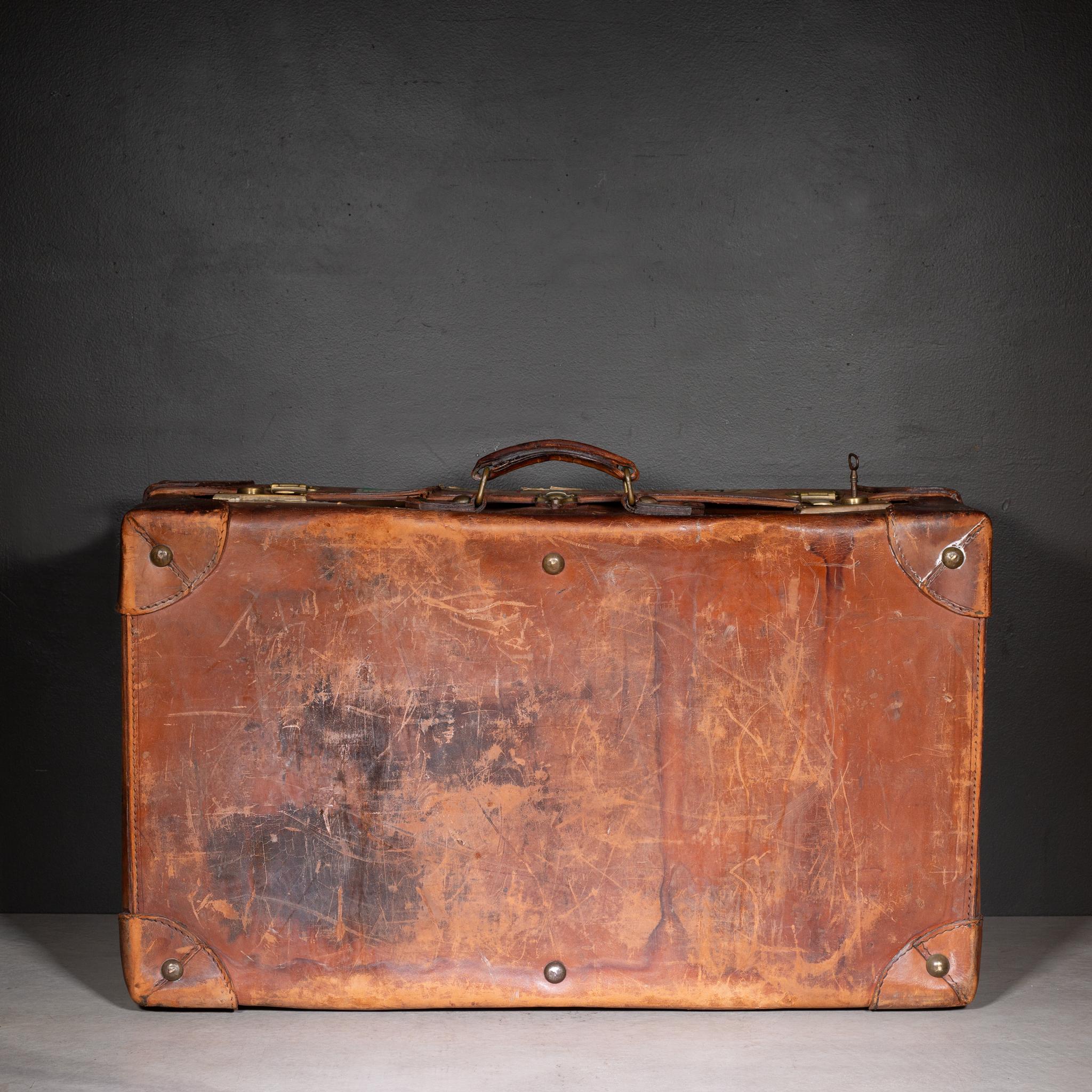 Brass Antique Large Leather Suitcase with Original Travel Stickers c.1920 For Sale