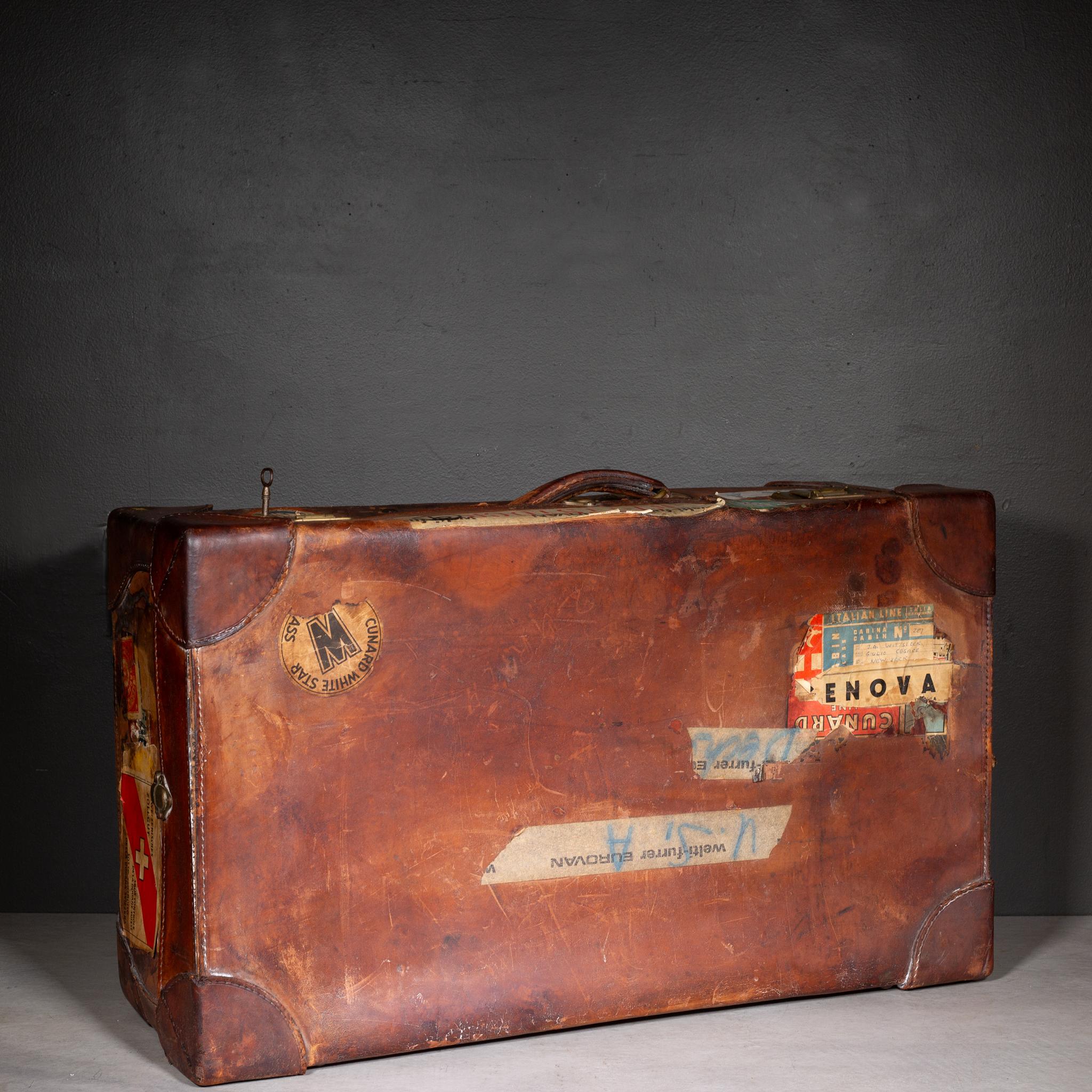 Antique Large Leather Suitcase with Original Travel Stickers c.1920 For Sale 1