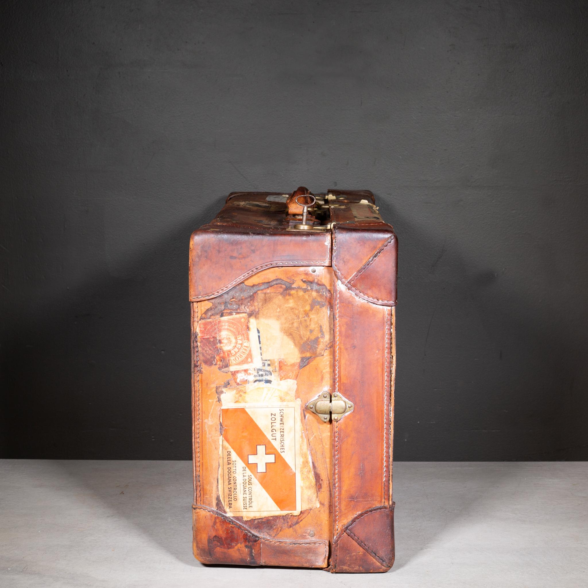 Antique Large Leather Suitcase with Original Travel Stickers c.1920 For Sale 2