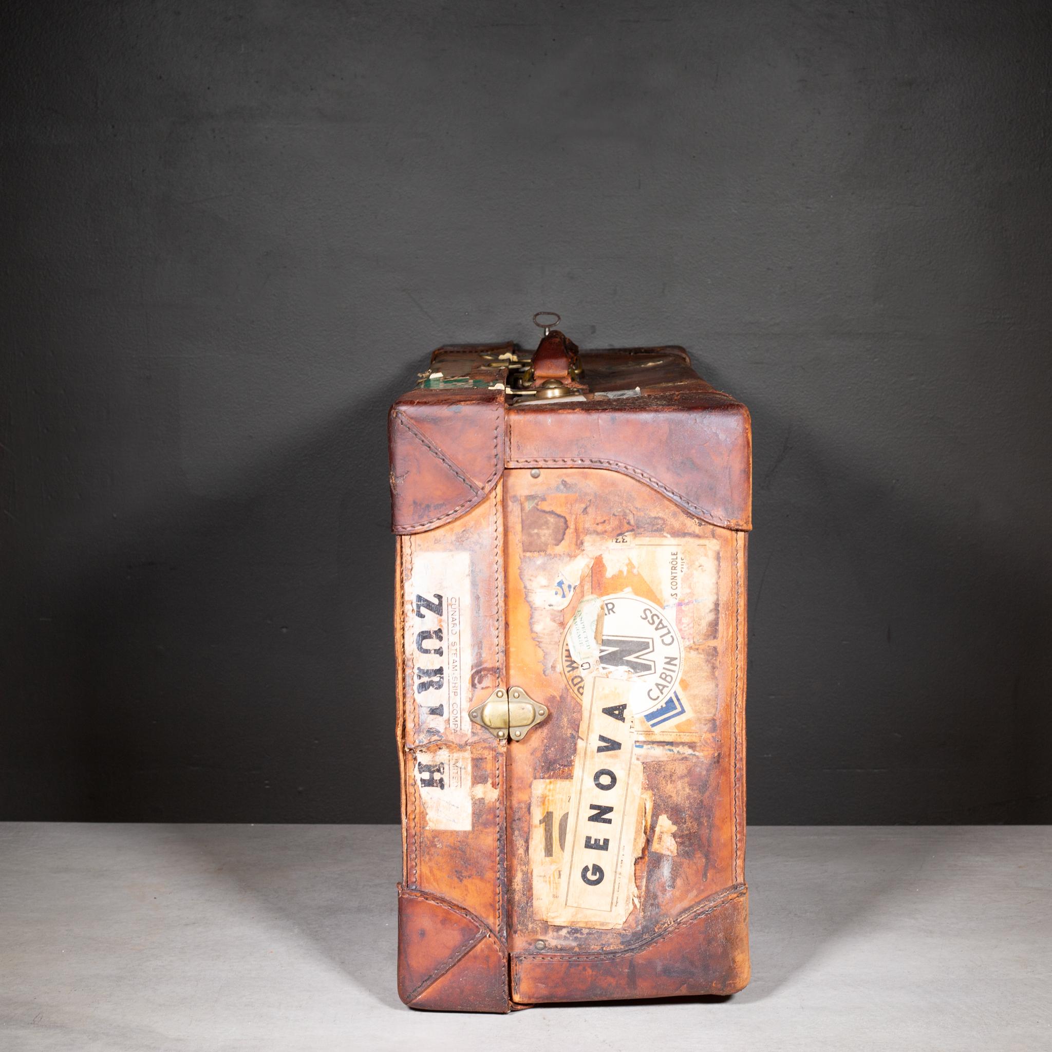 Antique Large Leather Suitcase with Original Travel Stickers c.1920 For Sale 3