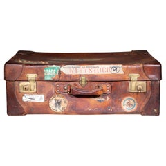Antique Large Leather Suitcase with Original Travel Stickers c.1920