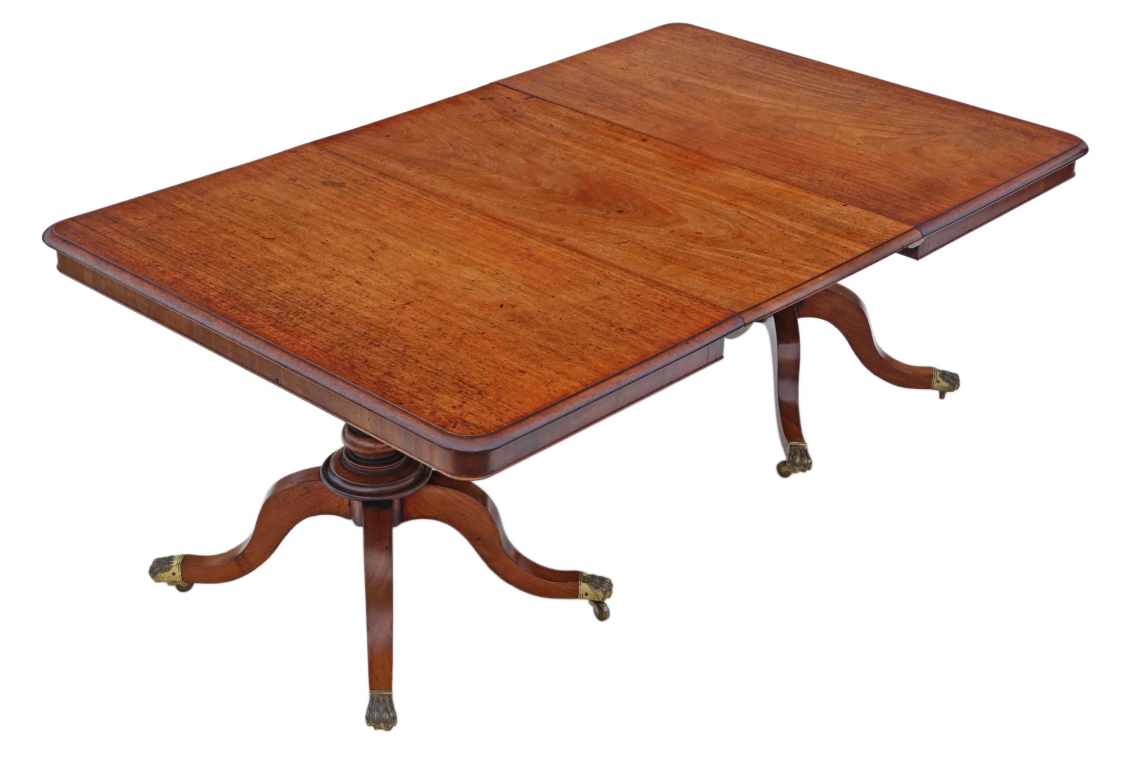 Antique large fine quality mahogany extending twin pedestal extending dining table early 19th Century.

The table has a lovely colour and stands on quality brass castors. The finishes are in good order, with historic knocks, marks and