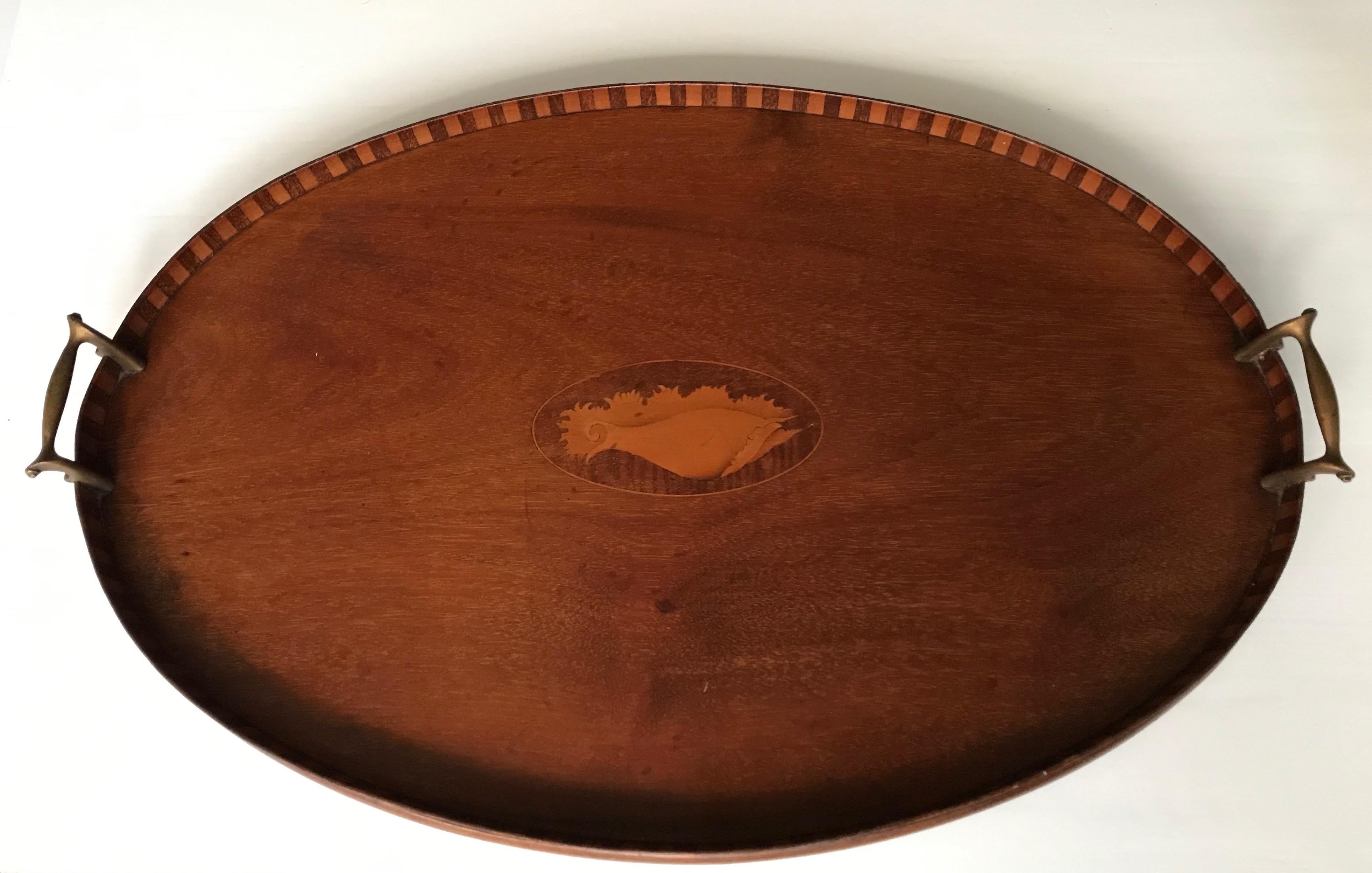 Antique & Large Nutwood Serving Tray with Intarsia Shell Inlay & Brass Handles For Sale 2