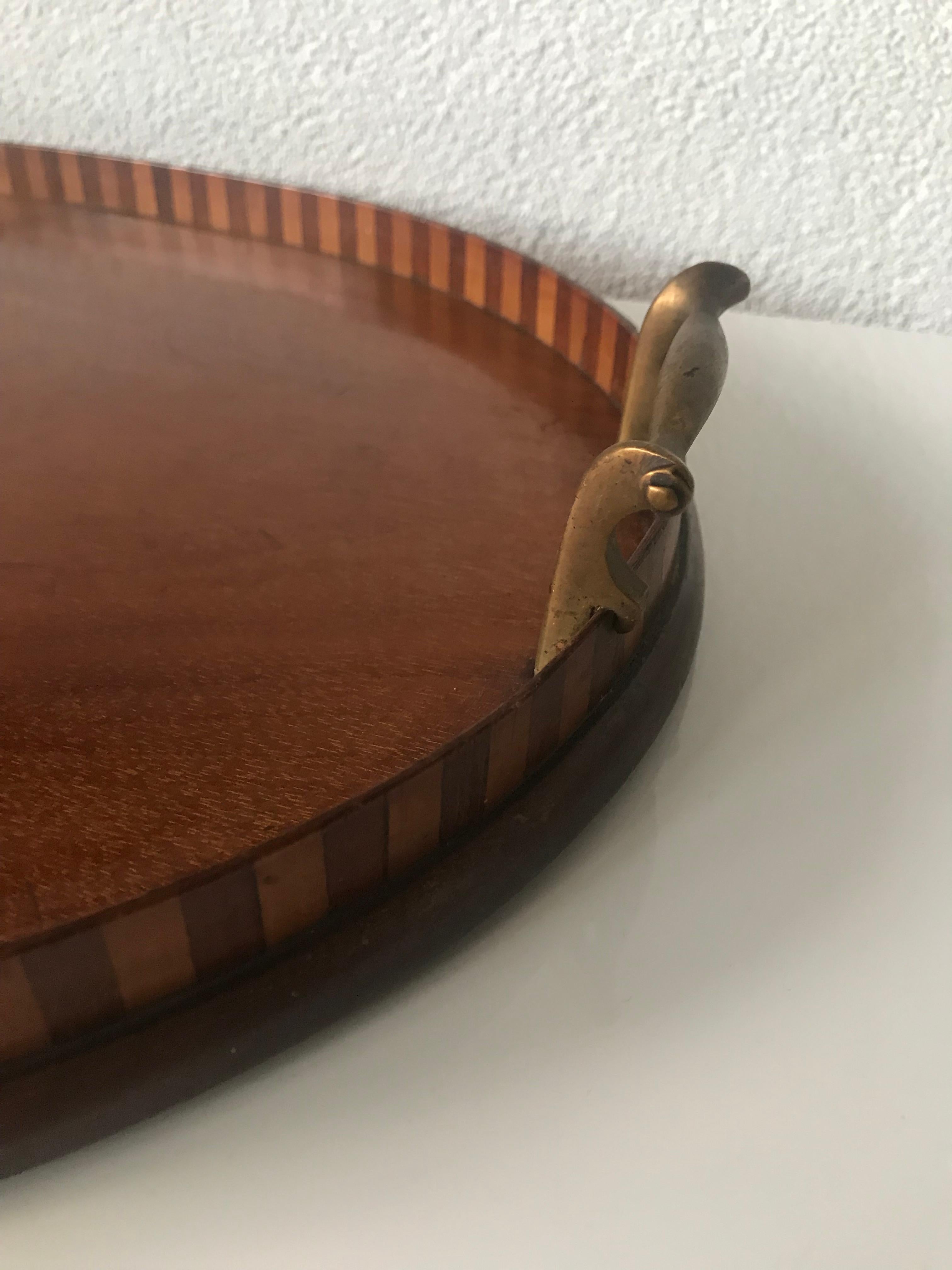 Antique & Large Nutwood Serving Tray with Intarsia Shell Inlay & Brass Handles 1