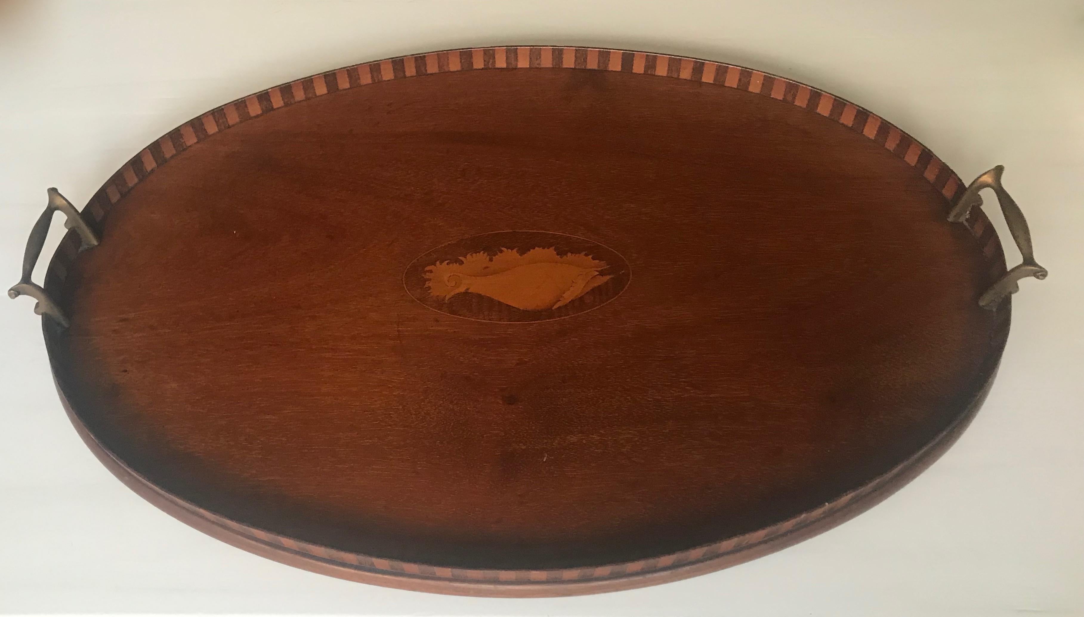 Antique & Large Nutwood Serving Tray with Intarsia Shell Inlay & Brass Handles 3