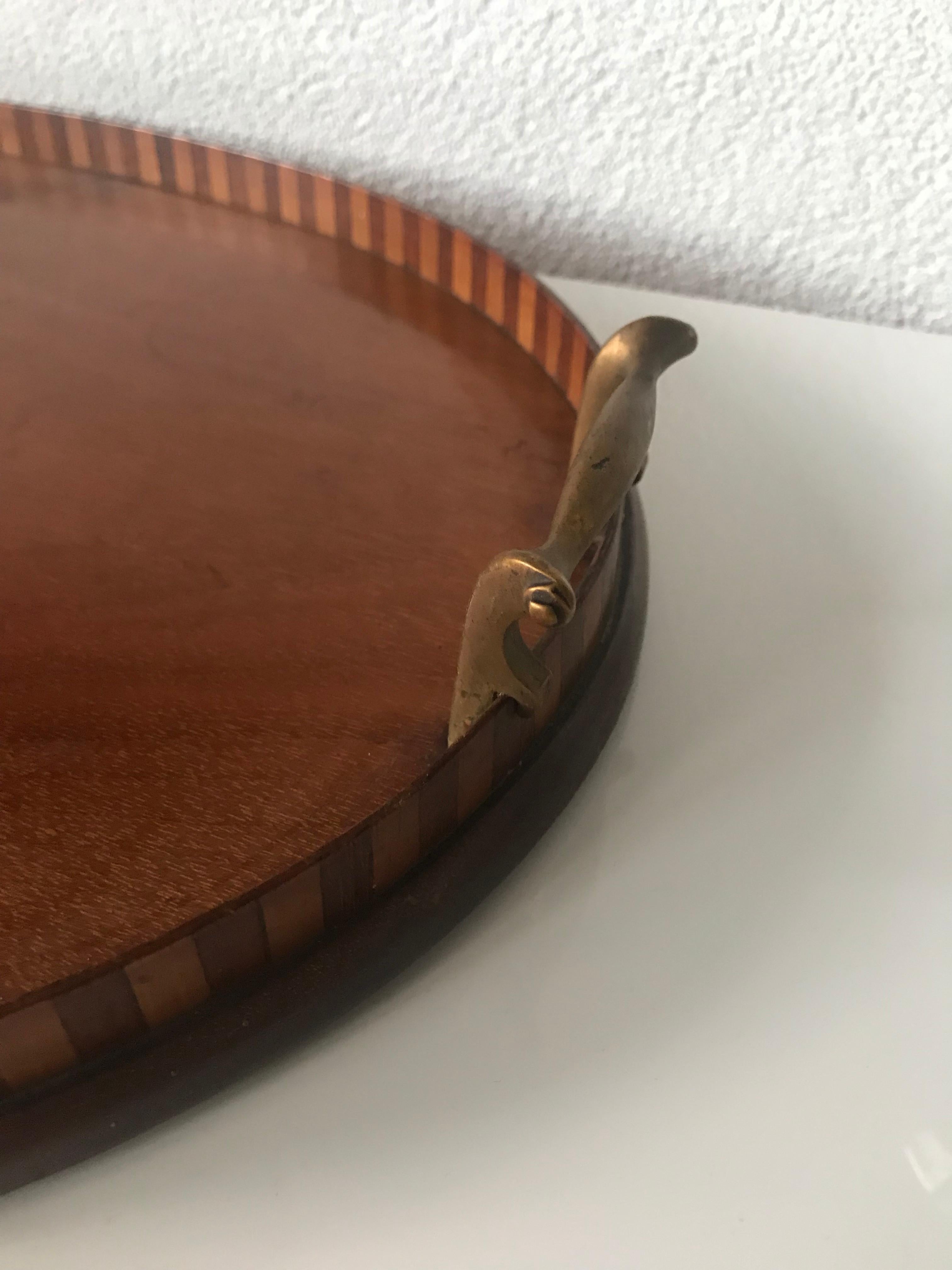 Antique & Large Nutwood Serving Tray with Intarsia Shell Inlay & Brass Handles 6