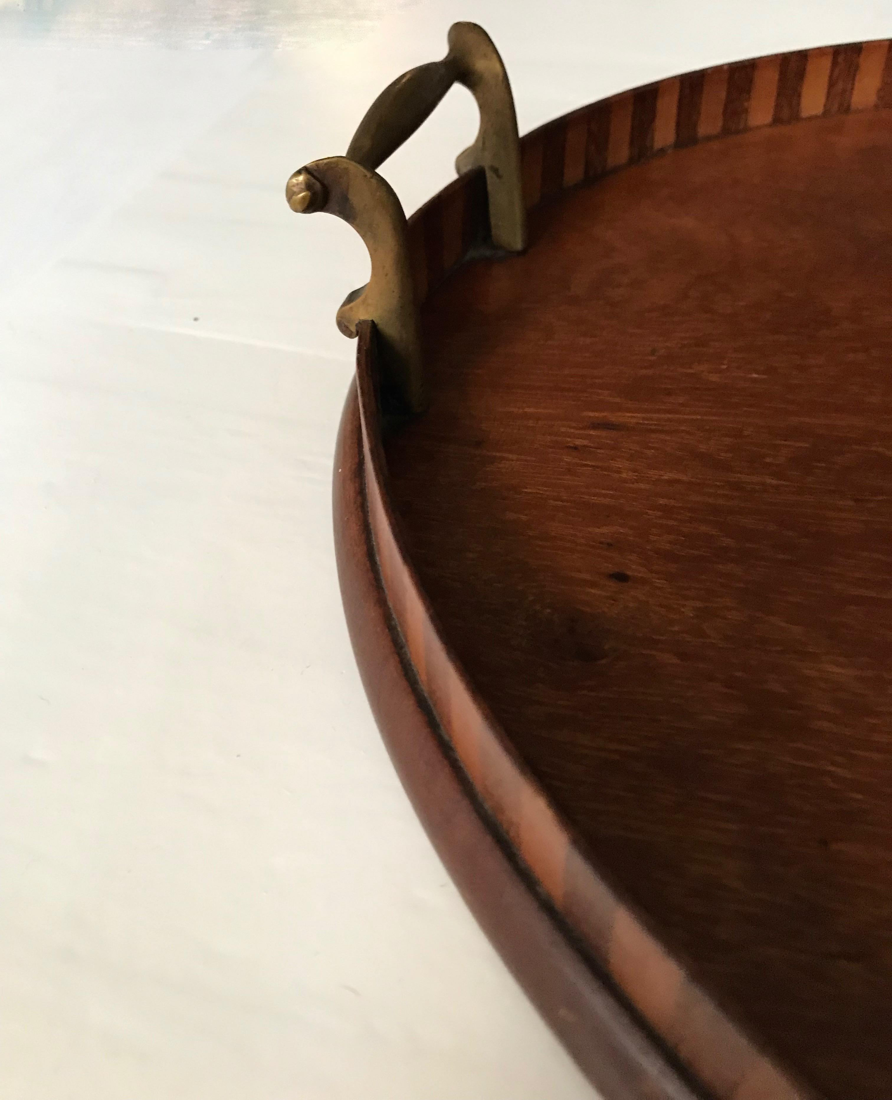 20th Century Antique & Large Nutwood Serving Tray with Intarsia Shell Inlay & Brass Handles