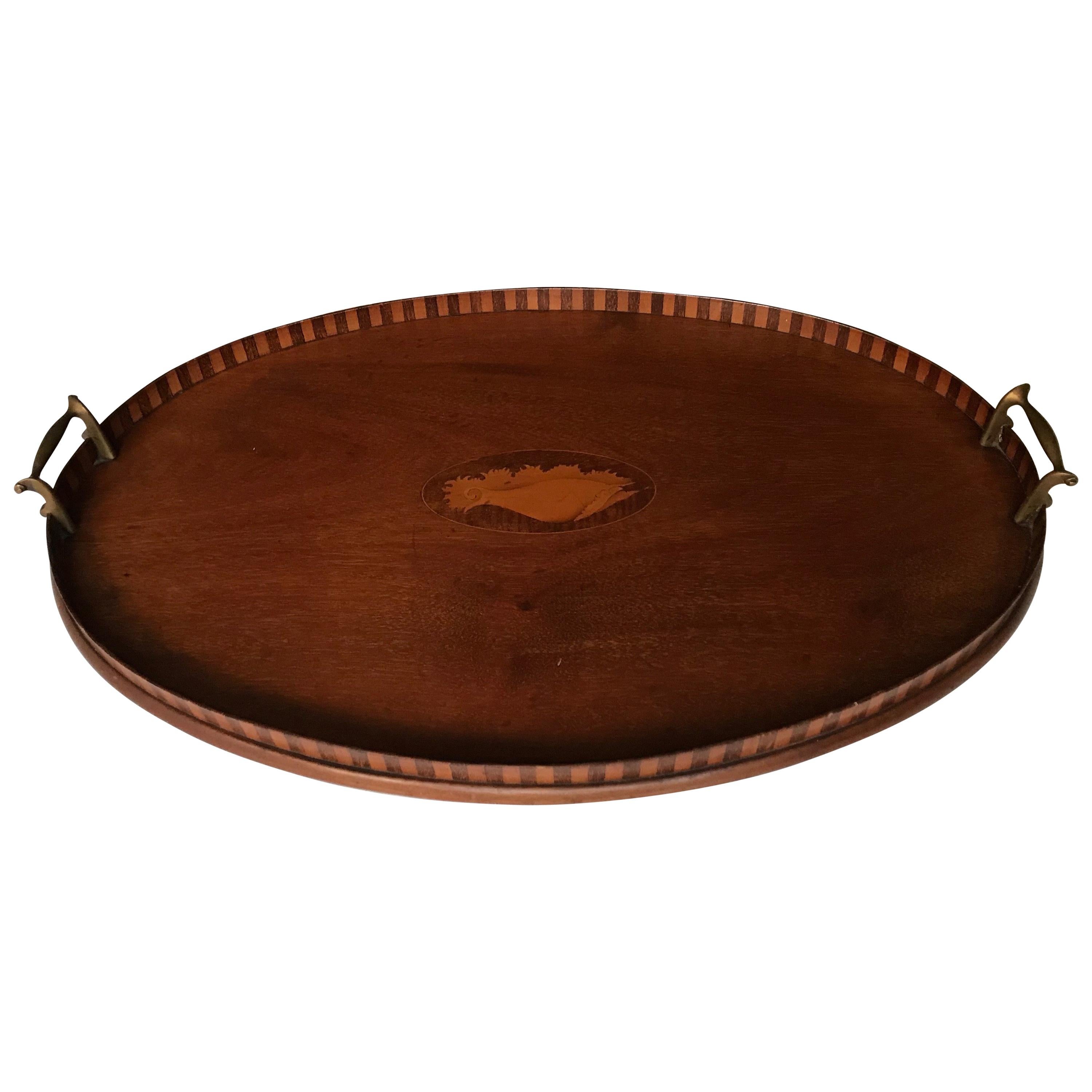 Antique & Large Nutwood Serving Tray with Intarsia Shell Inlay & Brass Handles For Sale