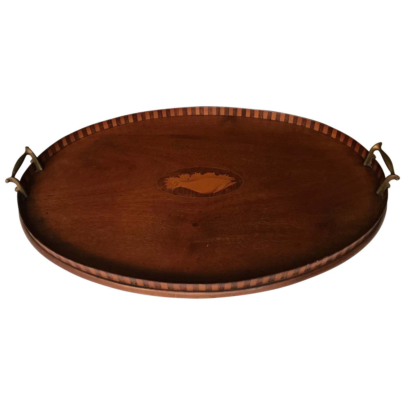 Antique and Large Mahogany Serving Tray with Intarsia Shell Inlay and ...