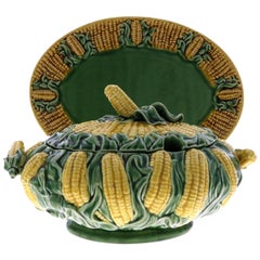 Antique Large Majolica Poterie Céramique Boîte à Maïs avec Plateau Plateau & Couvercle