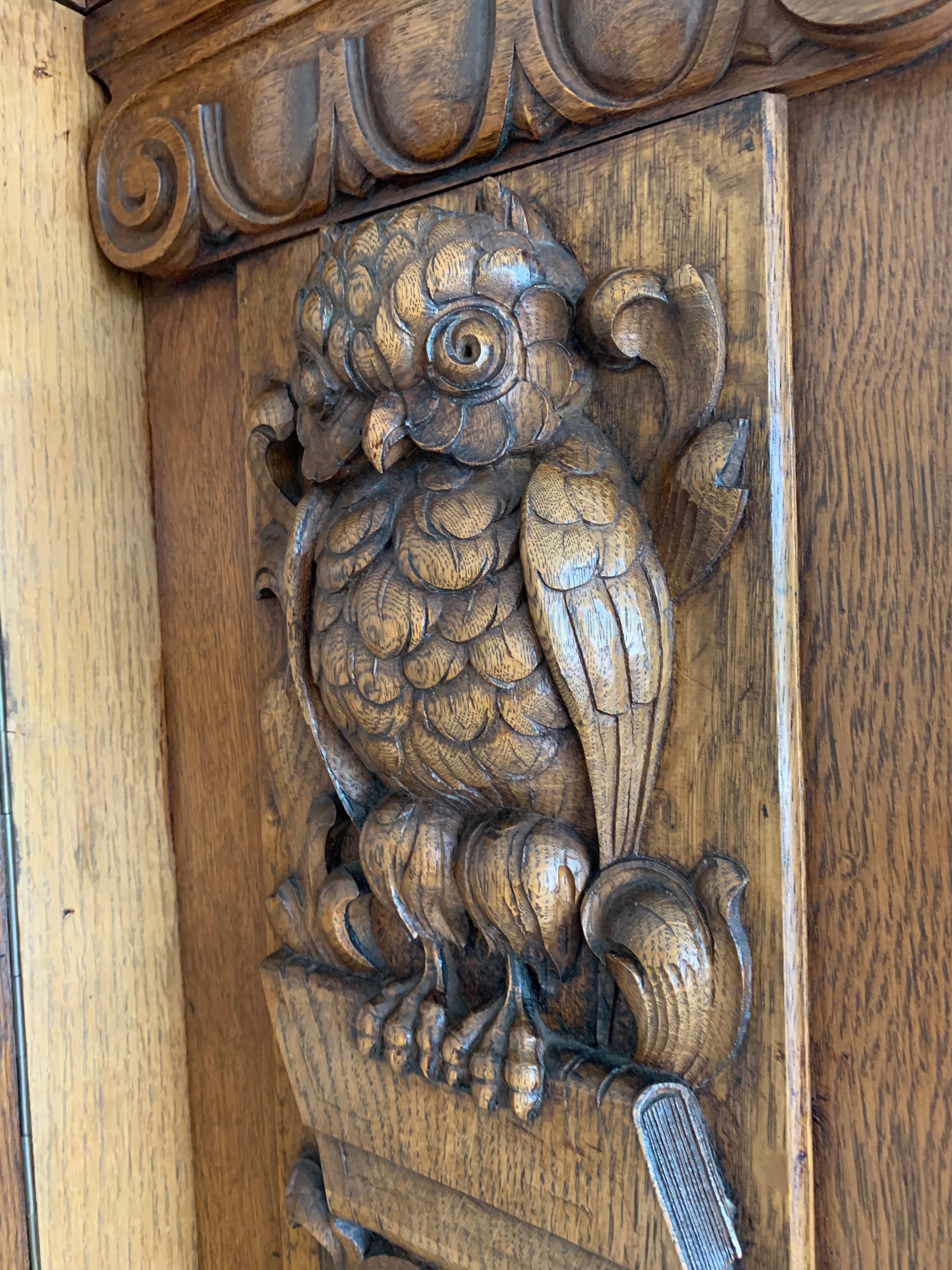 Antique Large & Meaningful Oak Bookcase / Vitrine Cabinet with Owl Sculptures 8