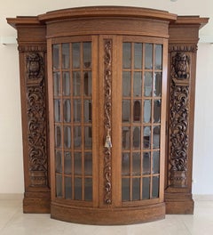 Antique Large & Meaningful Oak Bookcase / Vitrine Cabinet with Owl Sculptures