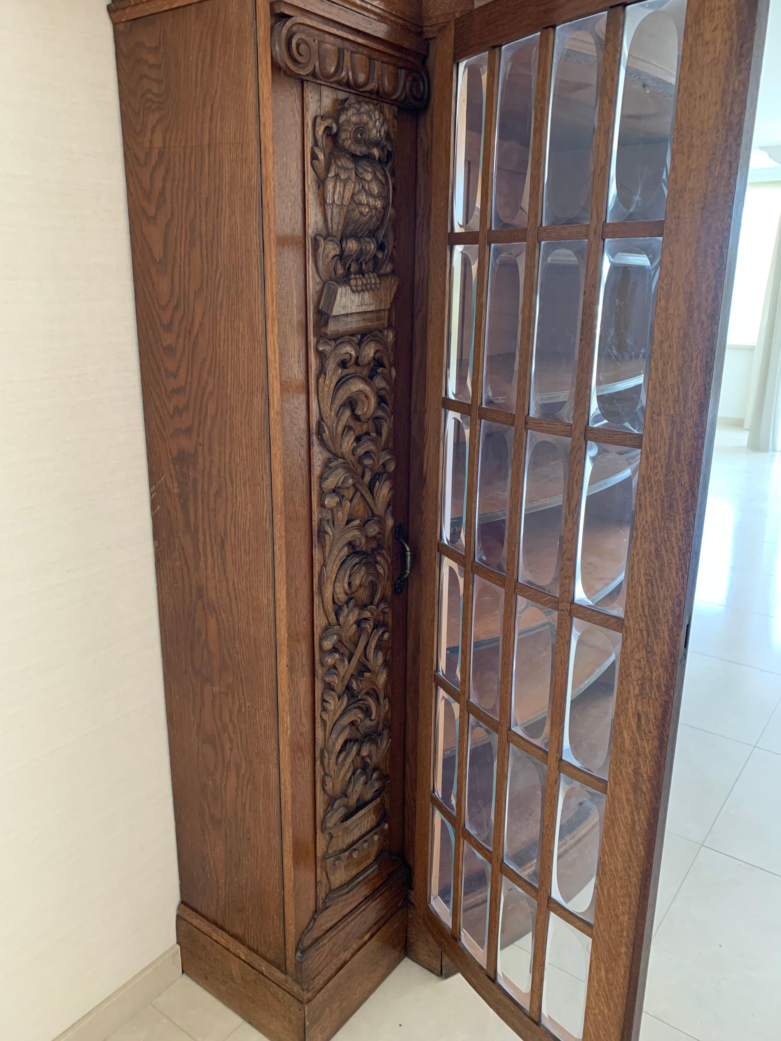 Arts and Crafts Antique Large & Meaningful Oak Bookcase / Vitrine Cabinet with Owl Sculptures  