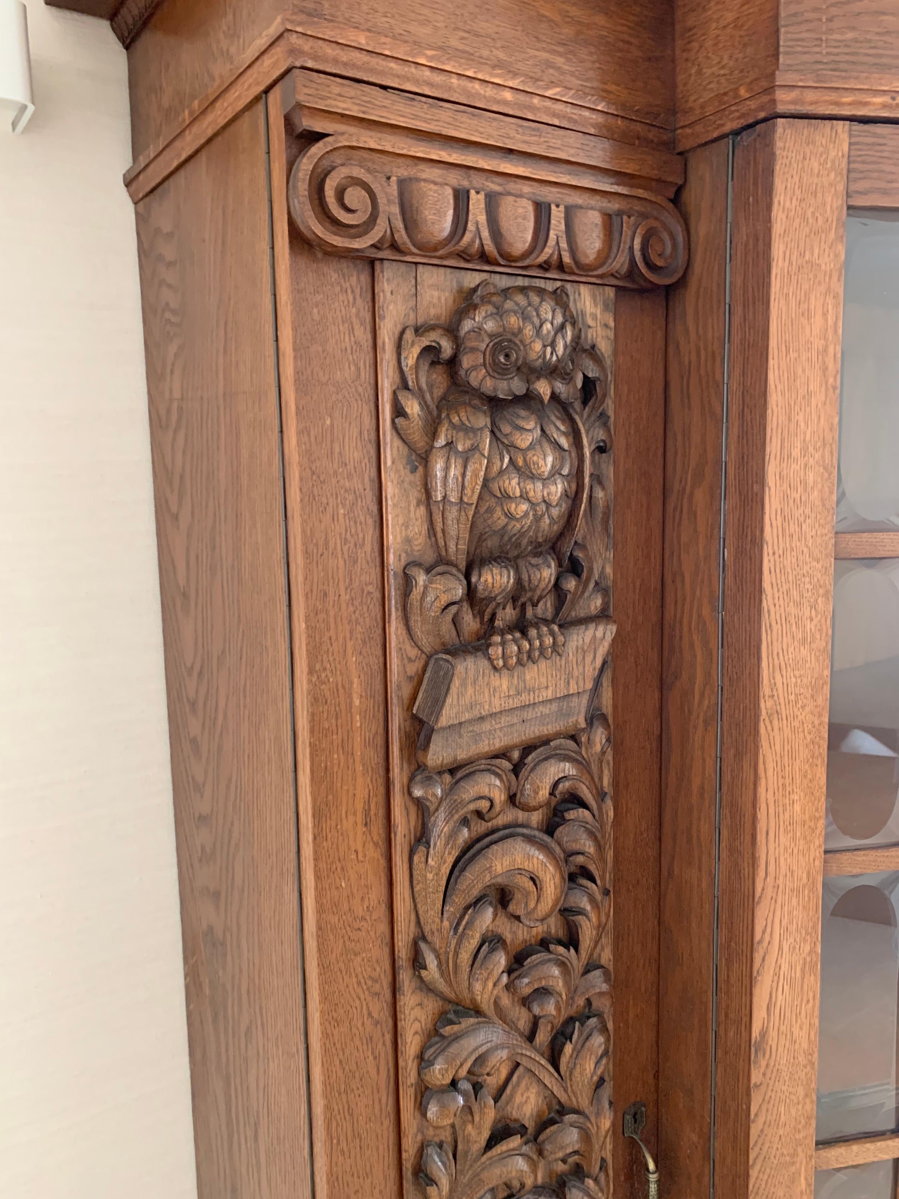 European Antique Large & Meaningful Oak Bookcase / Vitrine Cabinet with Owl Sculptures  