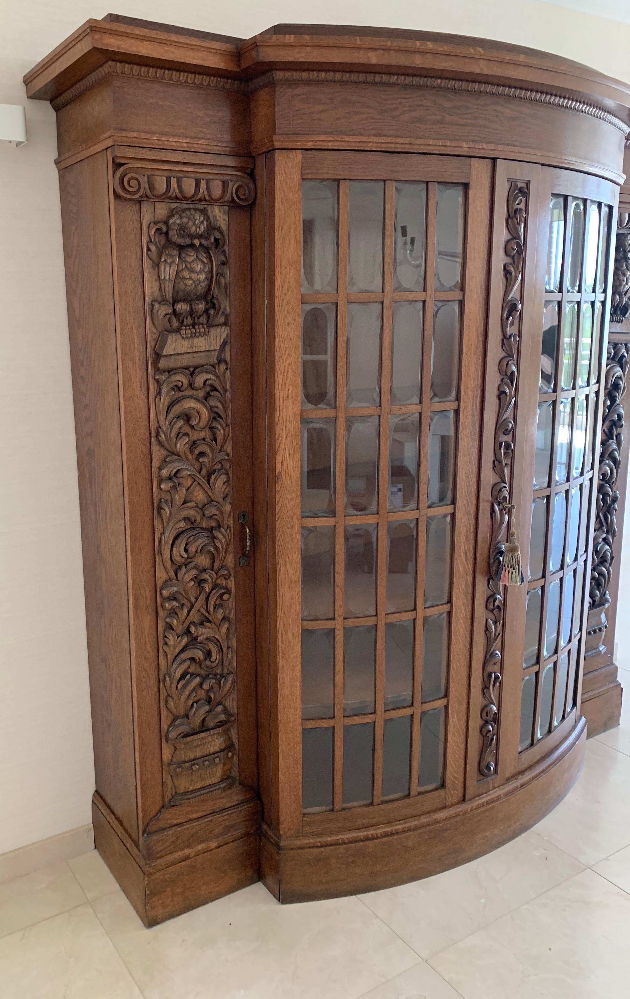 Beveled Antique Large & Meaningful Oak Bookcase / Vitrine Cabinet with Owl Sculptures  