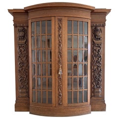 Antique Large & Meaningful Oak Bookcase / Vitrine Cabinet with Owl Sculptures