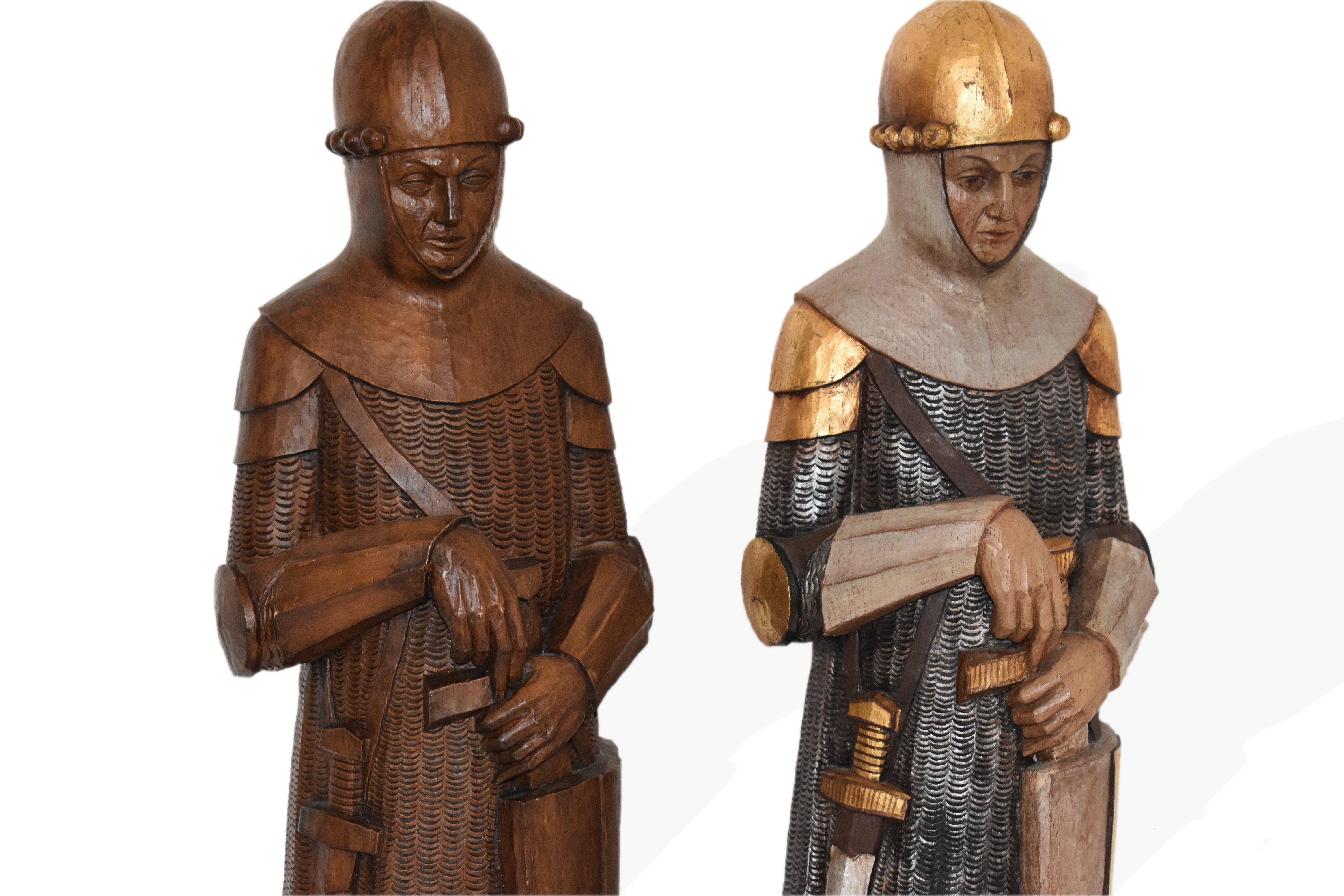 Mid-20th Century FINAL SALE Large Medieval Crusader Knight Sculptures, Carved Wood and Polychrome For Sale