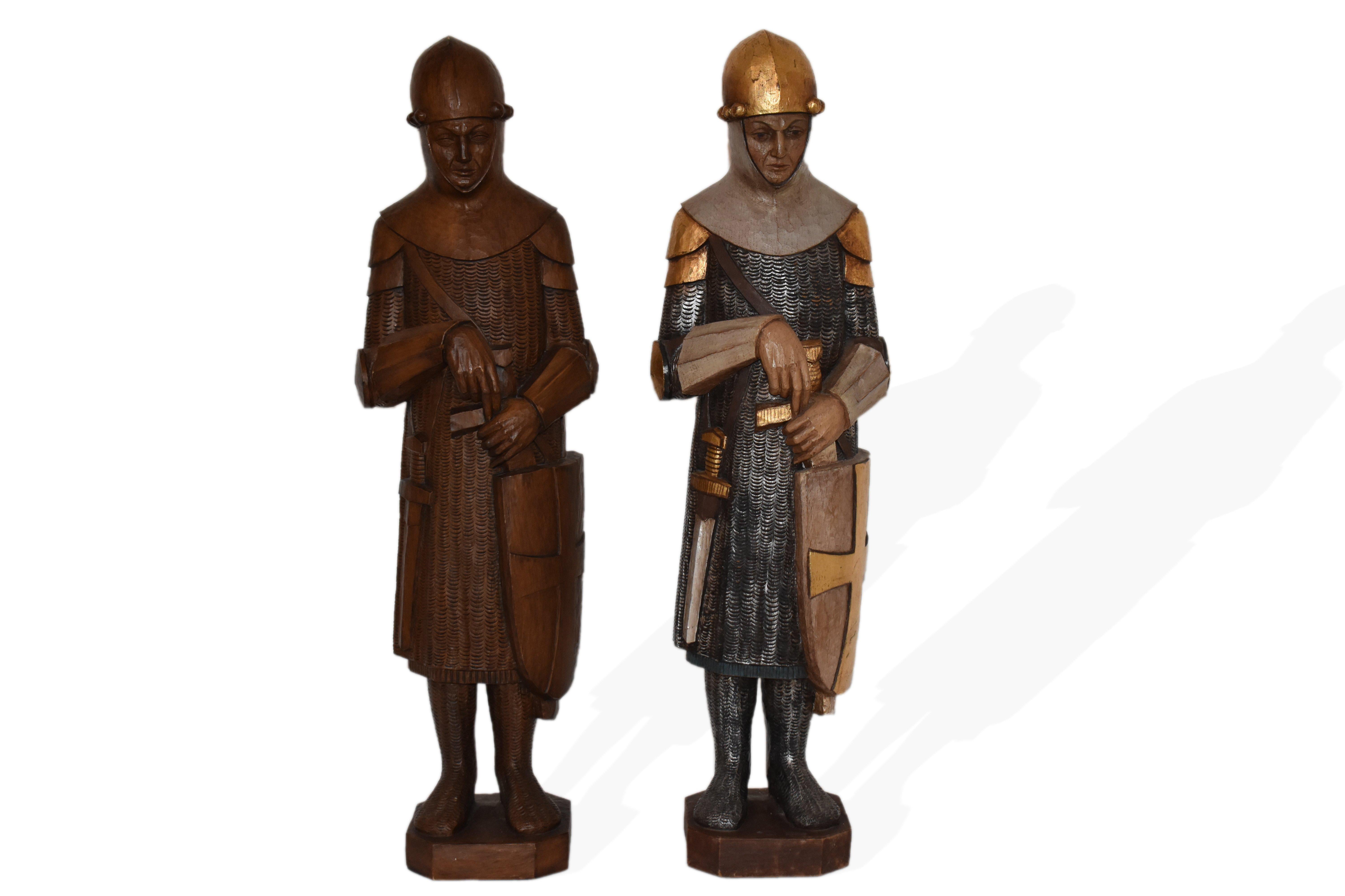 FINAL SALE Large Medieval Crusader Knight Sculptures, Carved Wood and Polychrome For Sale 1