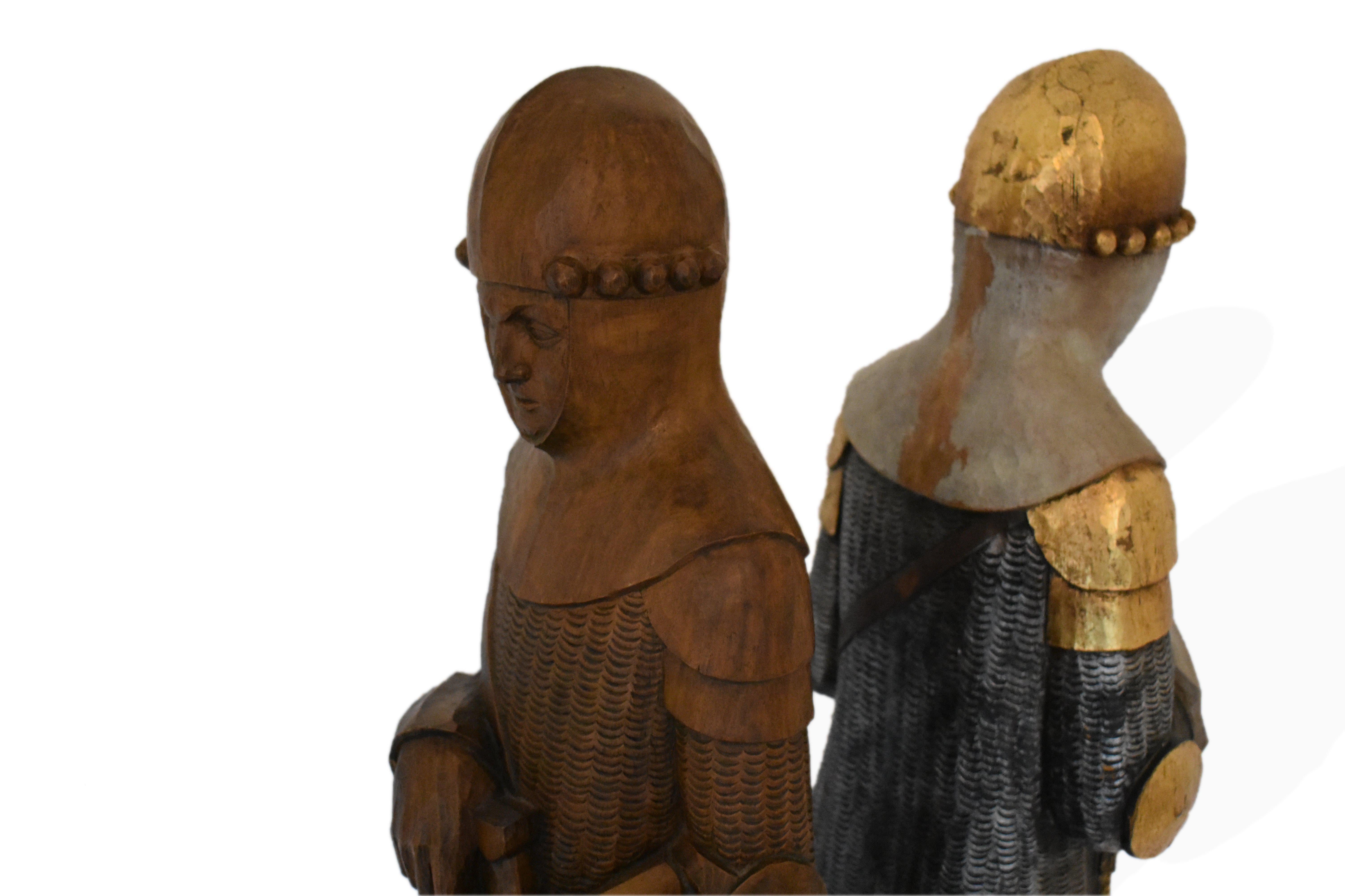 FINAL SALE Large Medieval Crusader Knight Sculptures, Carved Wood and Polychrome For Sale 2