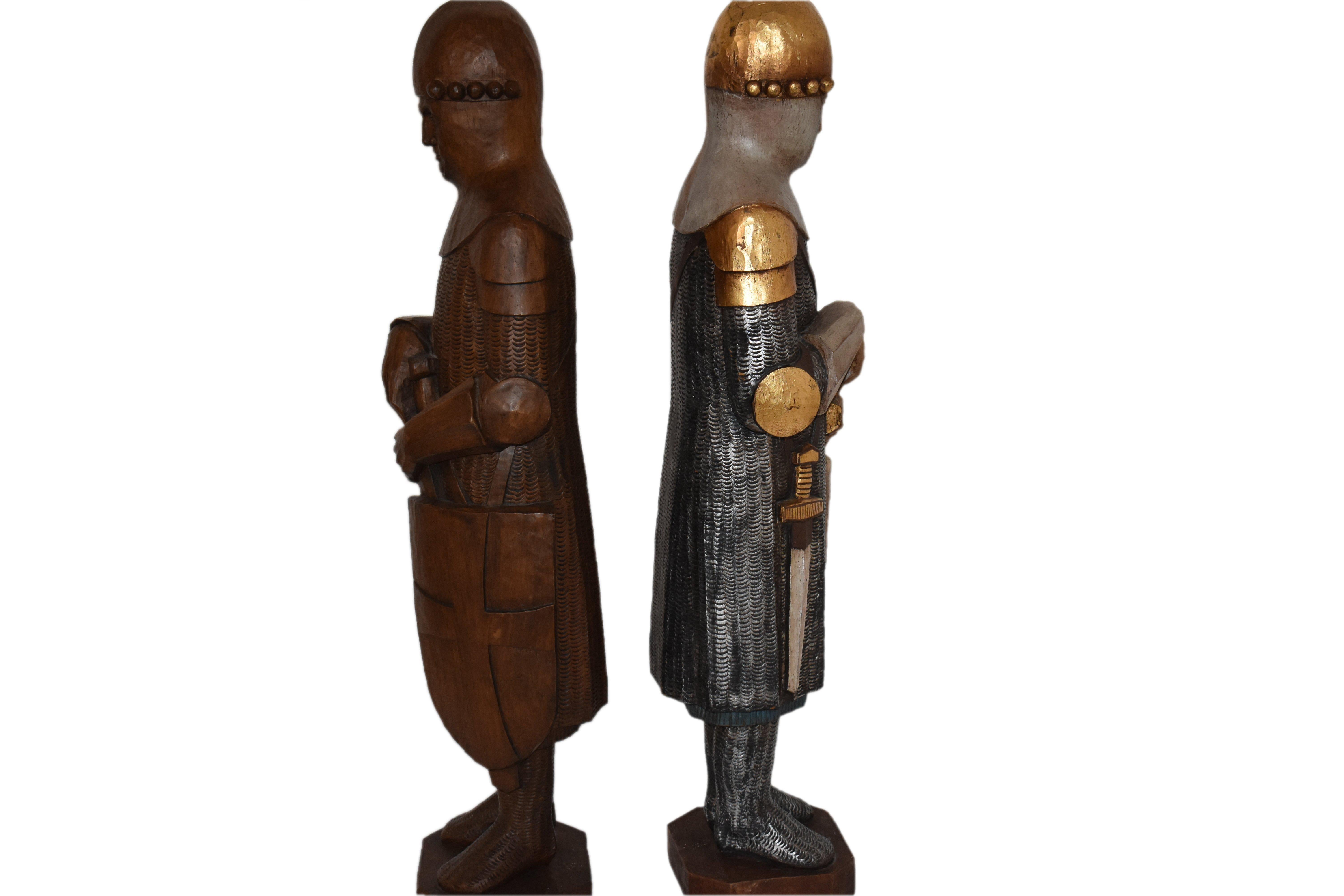 FINAL SALE Large Medieval Crusader Knight Sculptures, Carved Wood and Polychrome For Sale 4