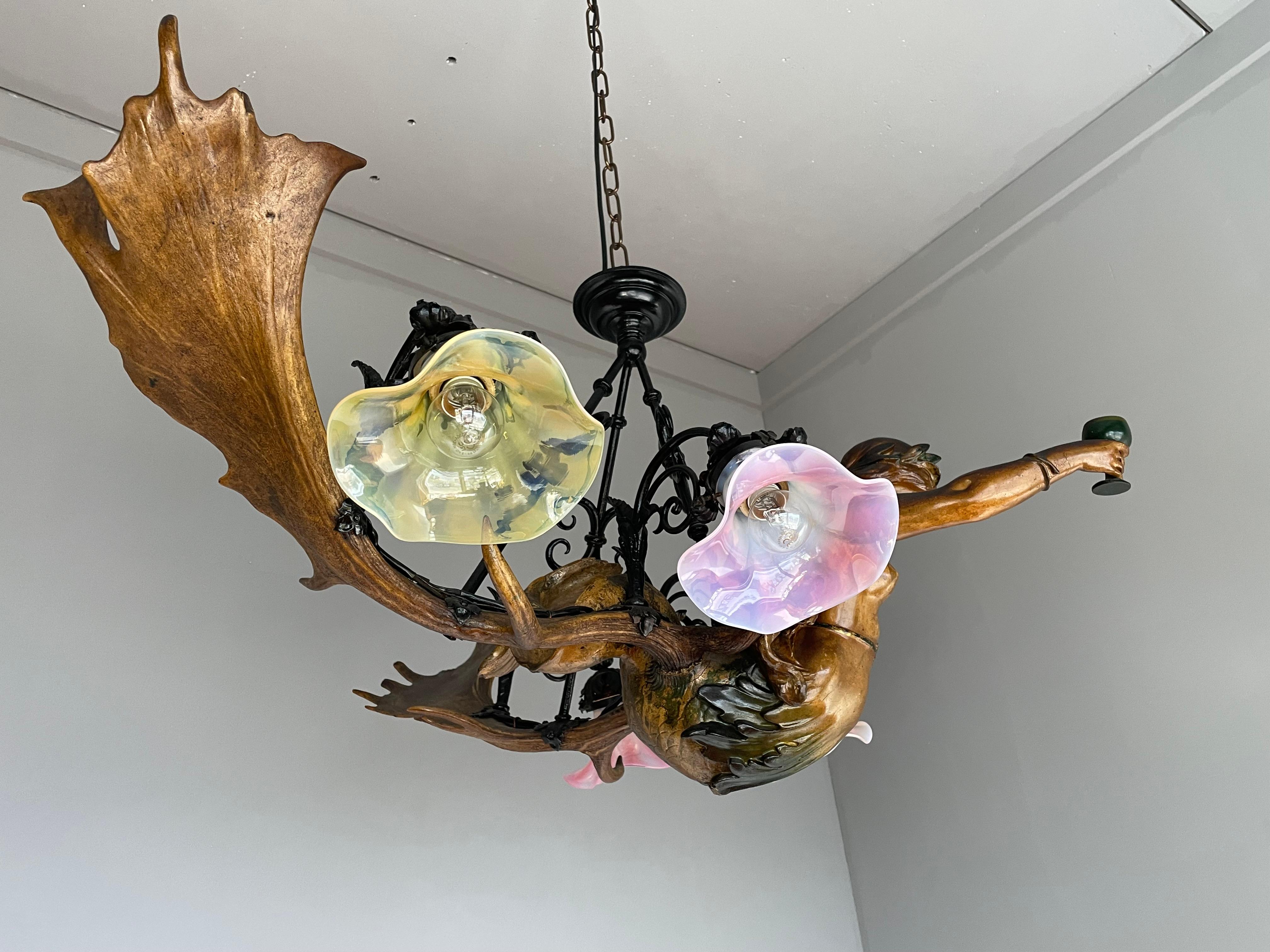 Antique & Large Medieval Style Lusterweibchen Mermaid Sculpture Chandelier 1910 3