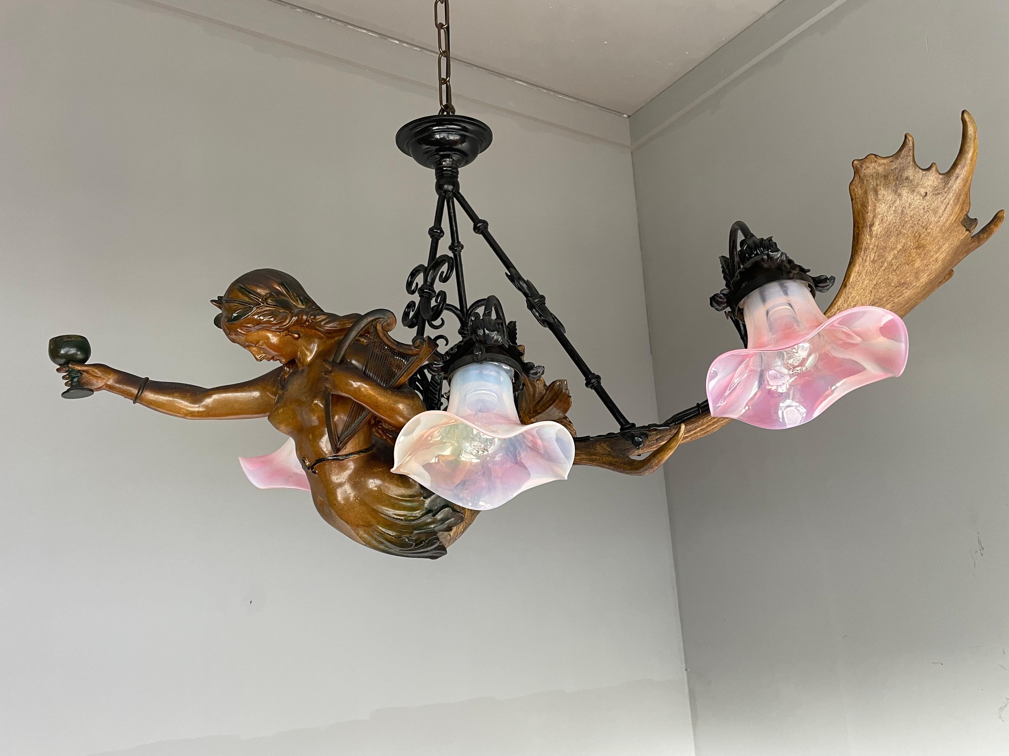 Antique & Large Medieval Style Lusterweibchen Mermaid Sculpture Chandelier 1910 12