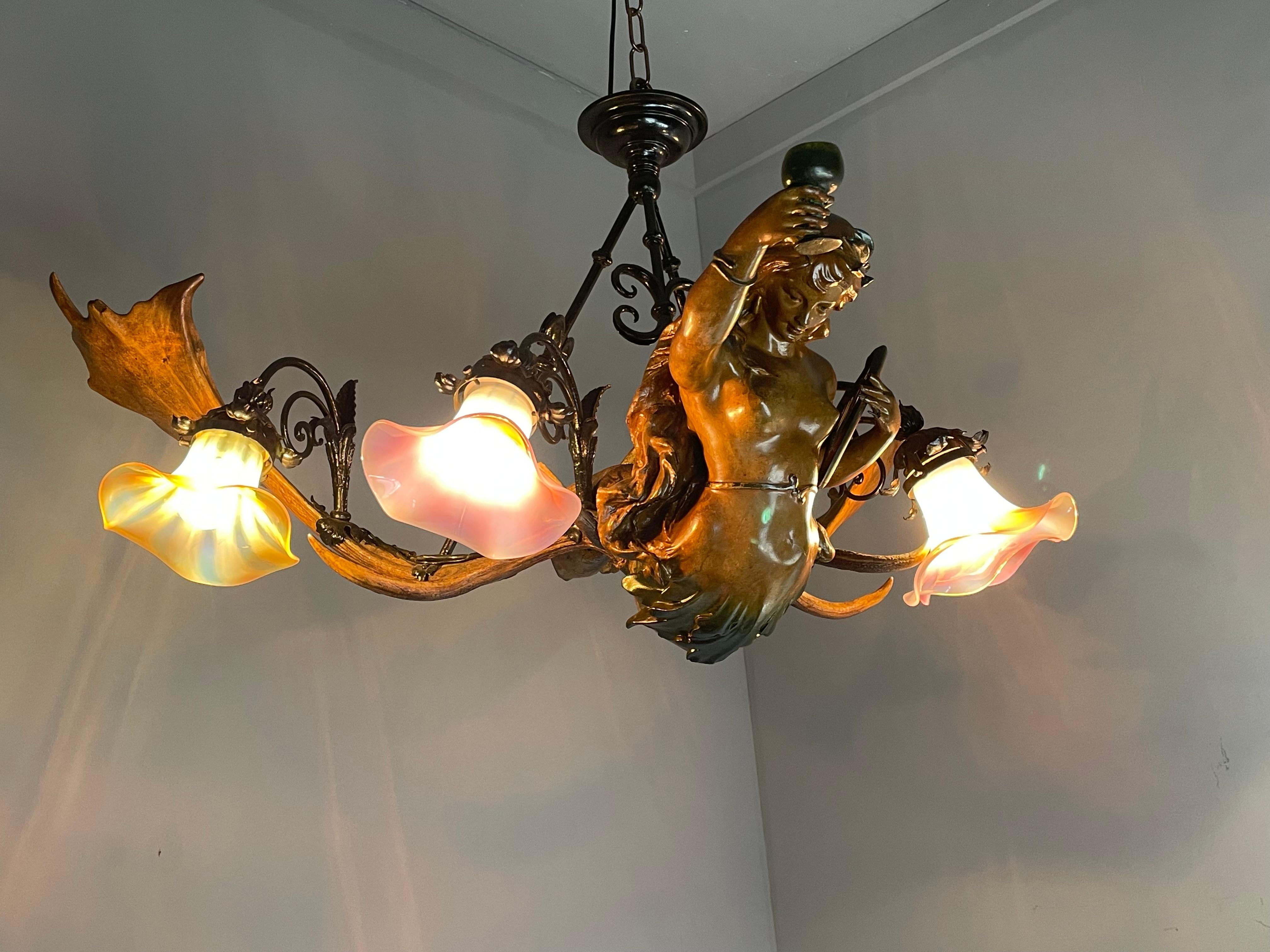 Antique & Large Medieval Style Lusterweibchen Mermaid Sculpture Chandelier 1910 13