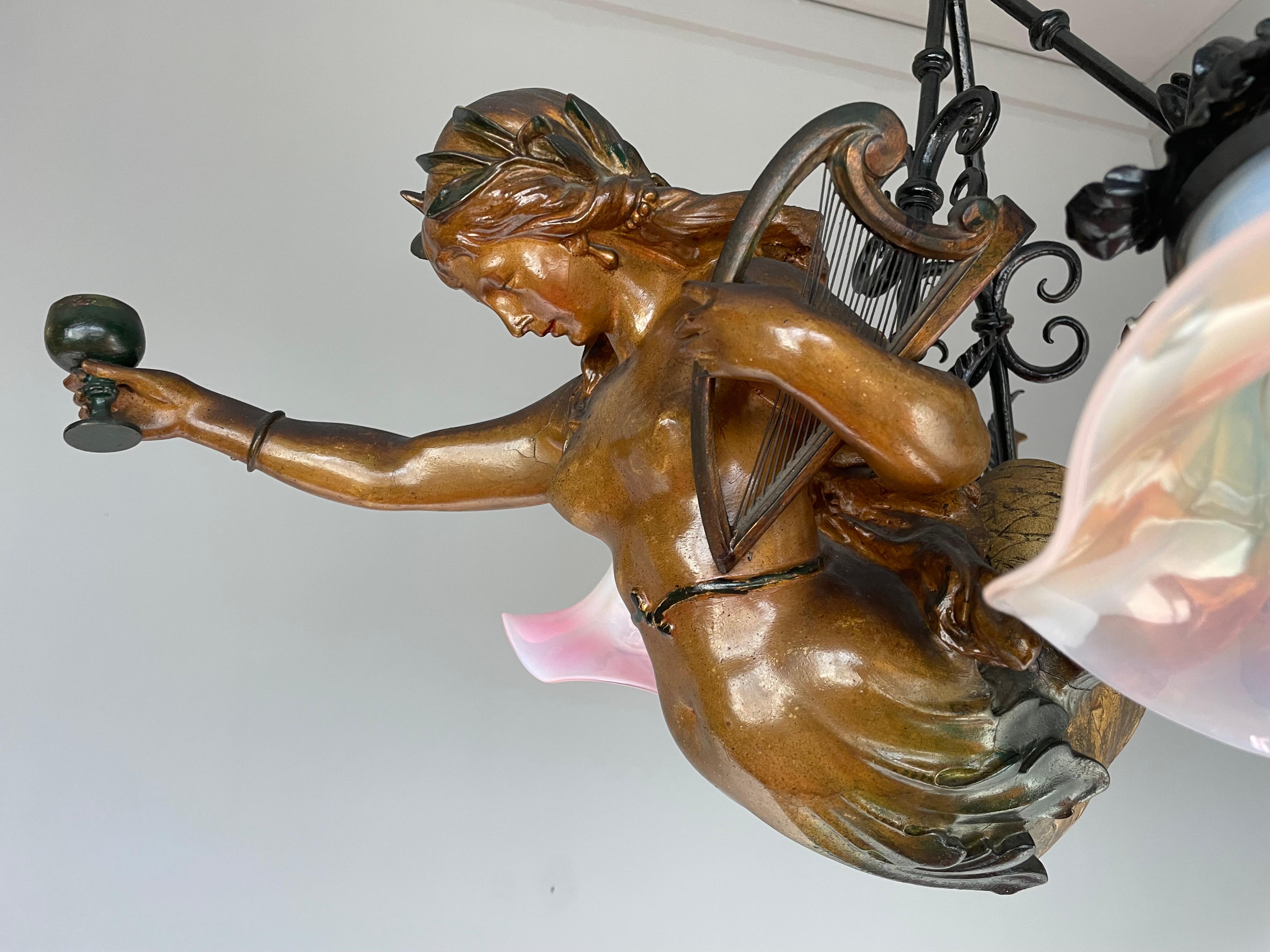 German Antique & Large Medieval Style Lusterweibchen Mermaid Sculpture Chandelier 1910