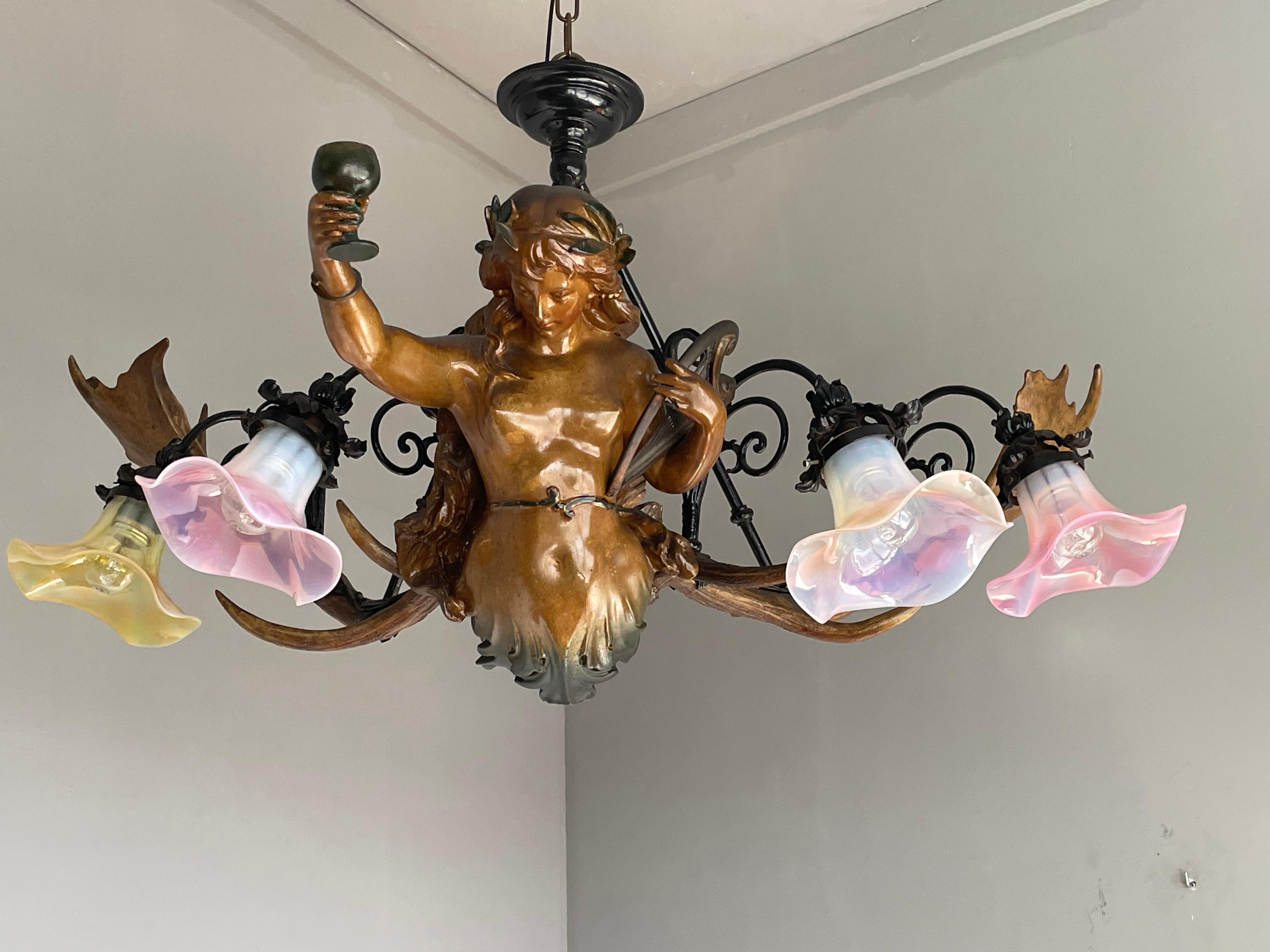 Antique & Large Medieval Style Lusterweibchen Mermaid Sculpture Chandelier 1910 In Good Condition In Lisse, NL