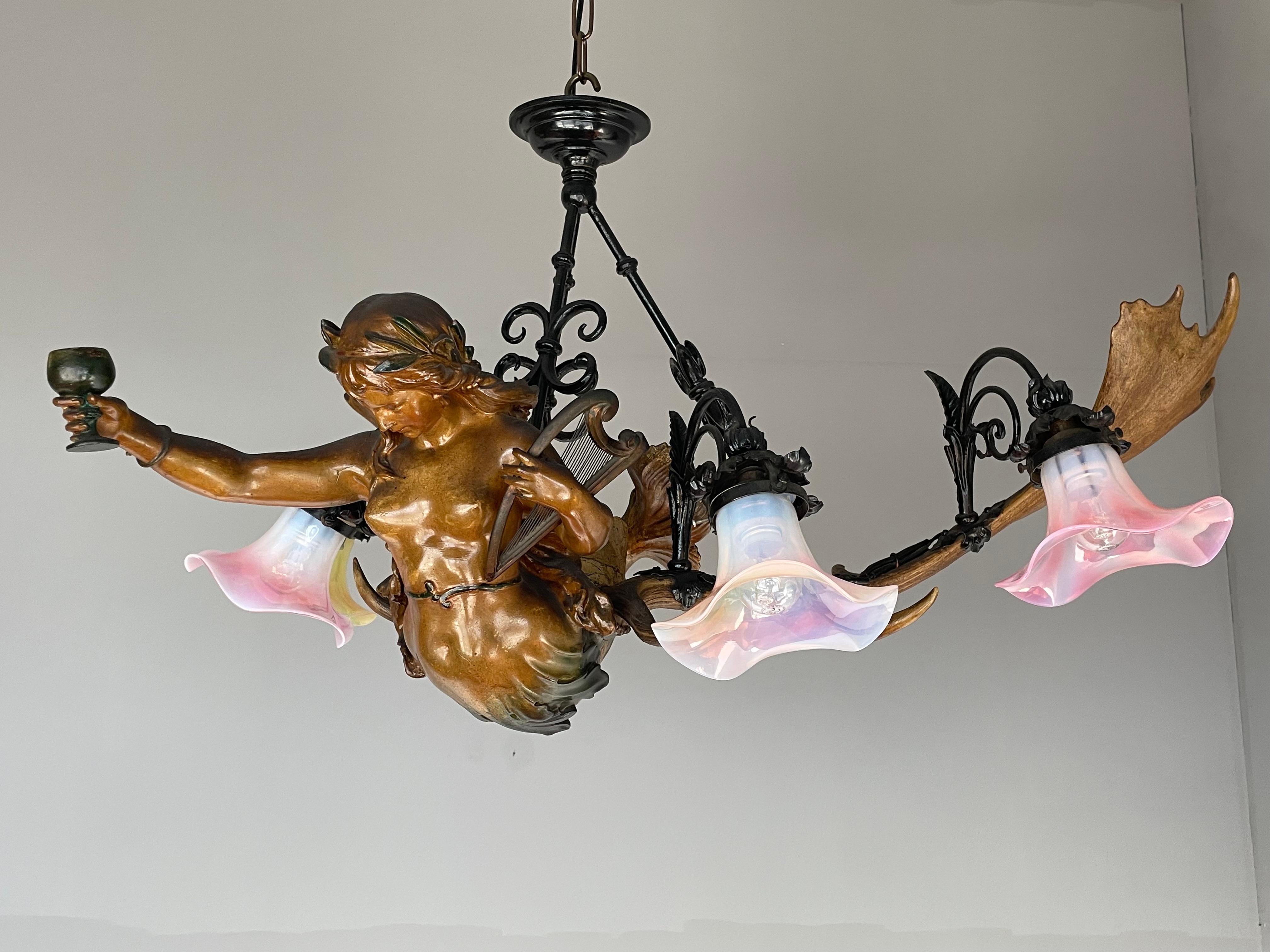 Antique & Large Medieval Style Lusterweibchen Mermaid Sculpture Chandelier 1910 1