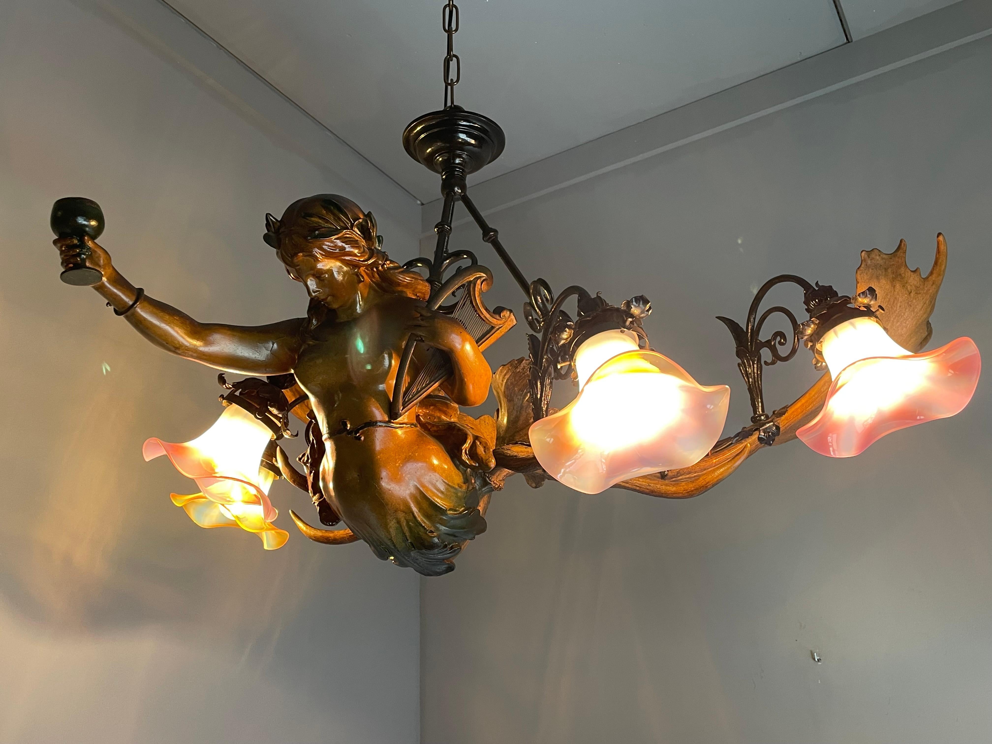 Antique & Large Medieval Style Lusterweibchen Mermaid Sculpture Chandelier 1910 2