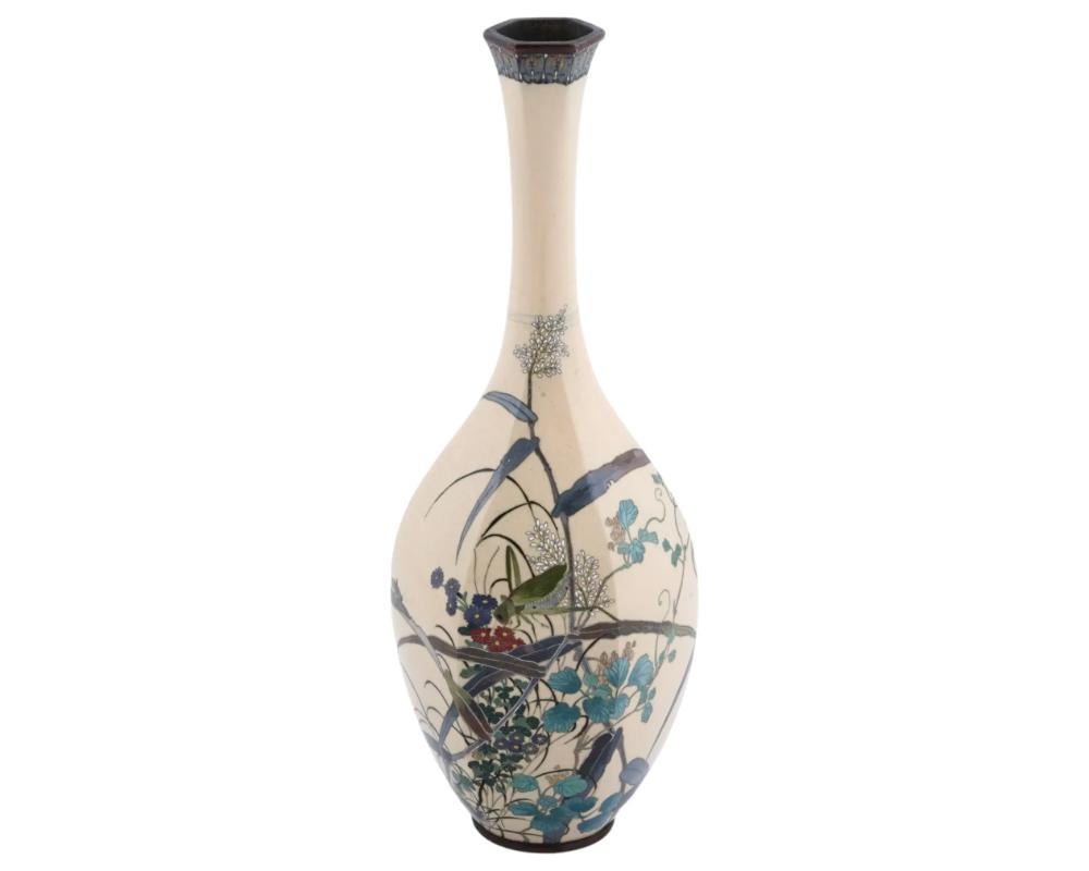 Cloissoné Antique Large Meiji Japanese Cloisonne Cream Enamel Grasshopper Vase