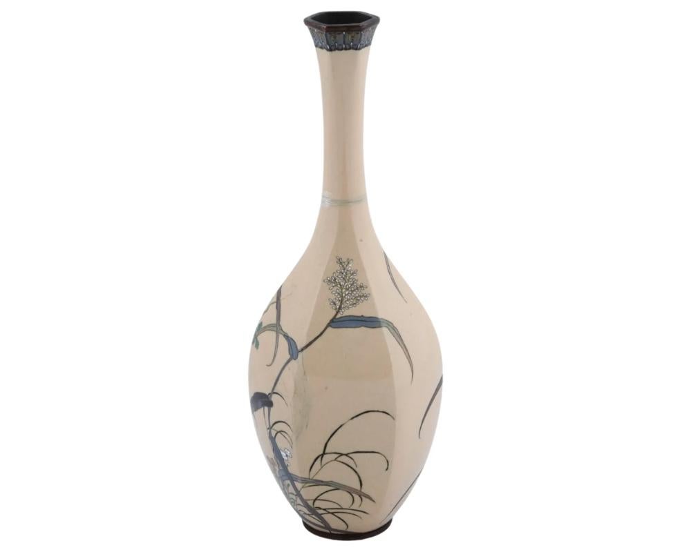 19th Century Antique Large Meiji Japanese Cloisonne Cream Enamel Grasshopper Vase