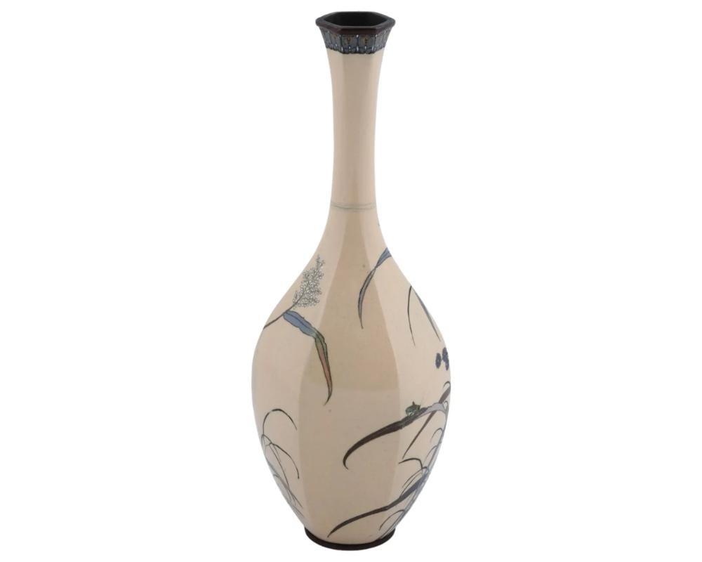 Antique Large Meiji Japanese Cloisonne Cream Enamel Grasshopper Vase 1