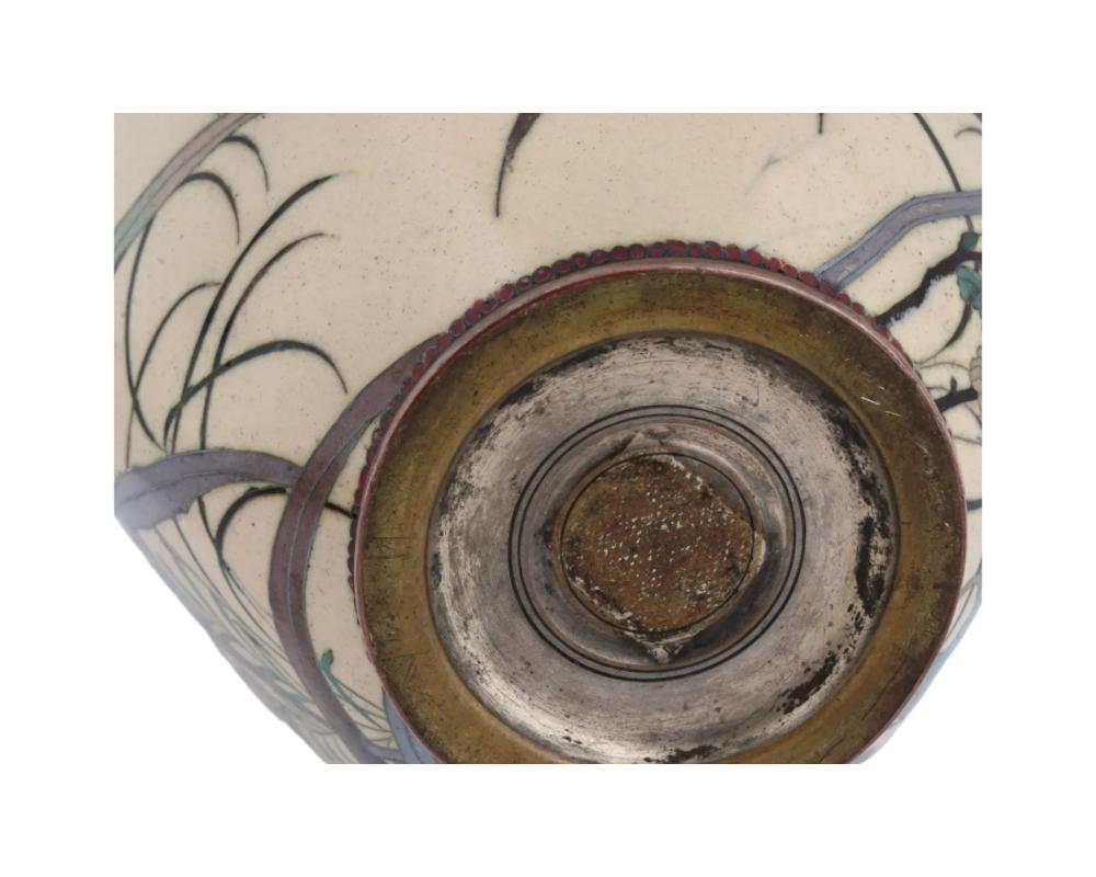 Antique Large Meiji Japanese Cloisonne Cream Enamel Grasshopper Vase 4