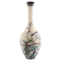 Antique Large Meiji Japanese Cloisonne Cream Enamel Grasshopper Vase