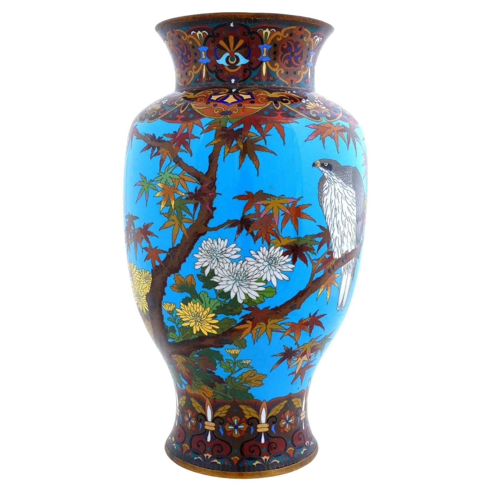 Antique Large Meiji Japanese Cloisonne Enamel Hawk Floral Vase