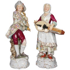 Antique Large Meissen School Hand Painted and Gilt Courting Couple Figures