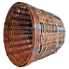 Antique  Big Woven Wicker & Metal Strapped Gathering Basket, 1900-1930