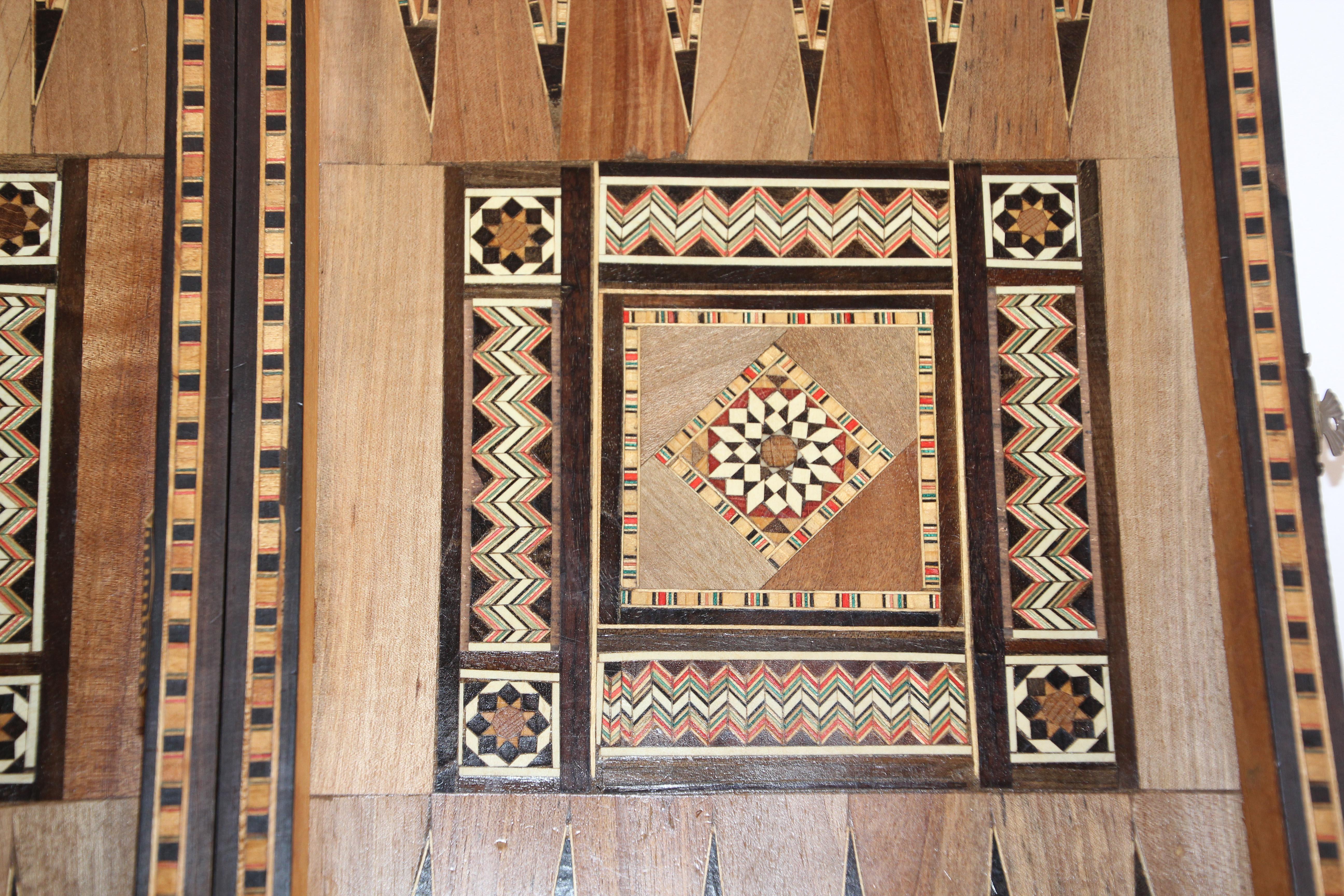 Wood Antique Large Middle Eastern Inlaid Mosaic Backgammon and Chess Game