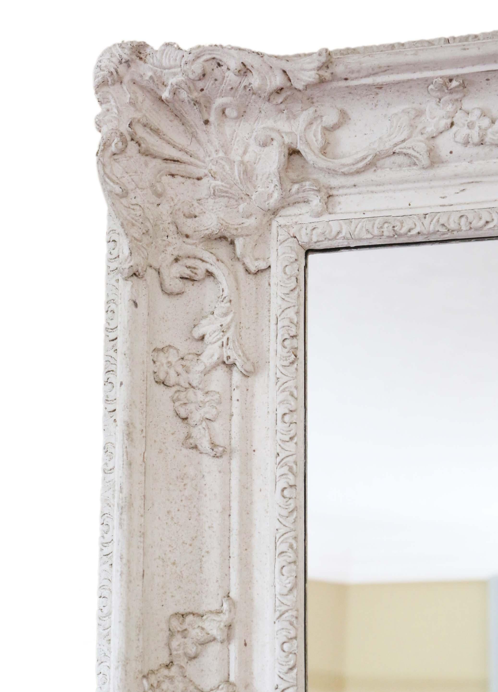 Antique quality large natural gesso (with loads of aging and patination) overmantle or wall mirror, mid 20th Century with lovely charm and elegance. Could be hung in portrait or landscape.

An impressive and rare find, that would look amazing in
