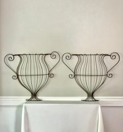 Antique Large Neoclassical Wrought Iron Urn Form Demilune Wall Planters, Pair