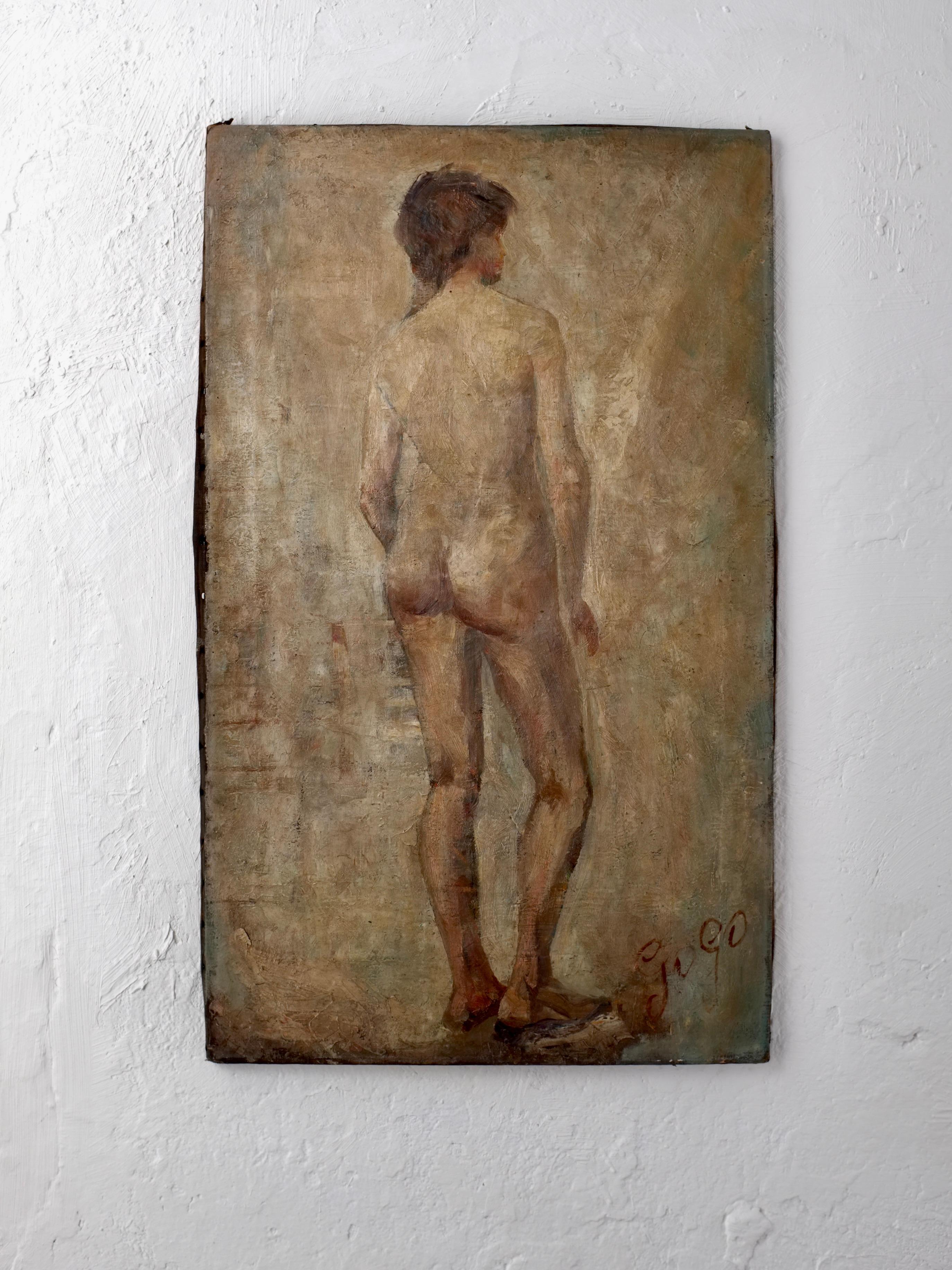 Hermoso cuadro antiguo que representa la espalda del hombre. Óleo sobre lienzo, ricos colores estructurados. Esta obra se atribuye a Félix Gogo (1872-1953). Gogo estudió en la Royal Academy of Fine Arts de Amberes desde 1887 y desde 1891 en el